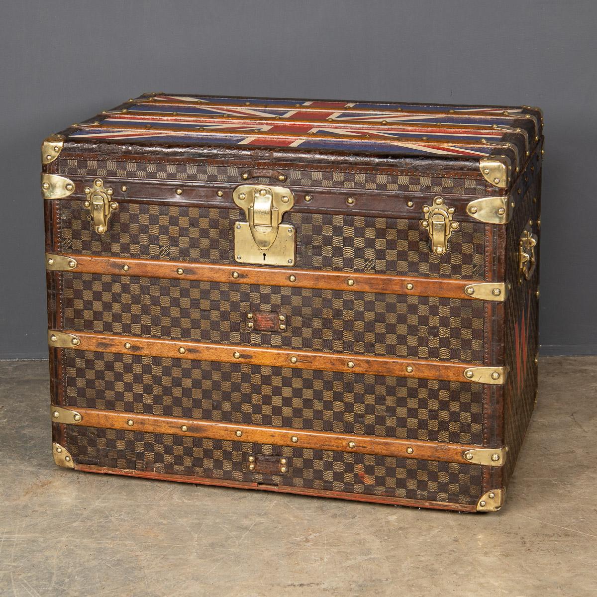 Mid 20th century Louis Vuitton trunk with a Union Jack on the top as an identifier, this trunk was the must have item of any elite traveller. Covered in the world famous LV monogrammed canvas.

CONDITION
In great condition - wear and tear