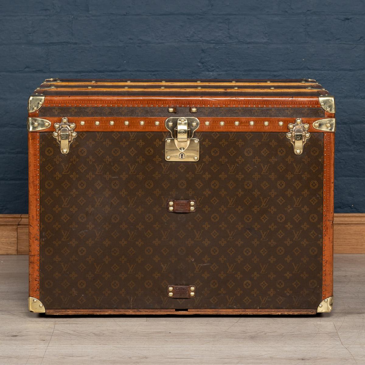 A stunning Louis Vuitton hat trunk in stencilled monogrammed canvas with lozine and brass trim, France, circa 1930. This trunk is a must have item for any elite traveller harking back to times of passenger ships and 1st class travel of bygone eras.