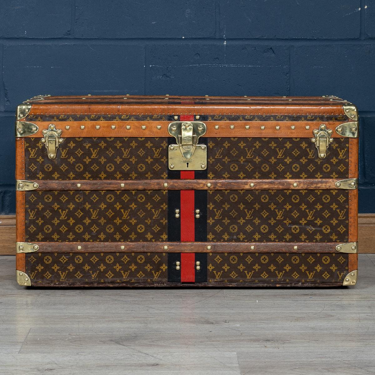 A magnificent and exceptionally rare Louis Vuitton shoe trunk, adorned with stencilled monogram canvas, lozine trim and brass fittings. Elevating its uniqueness is the remarkably uncommon size that distinguishes it from standard models. This