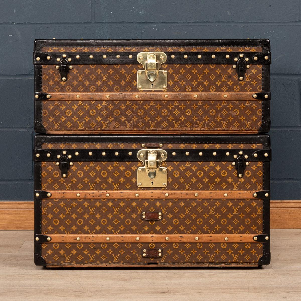 A wonderful graduated pair of early 20th century Louis Vuitton trunk in the world famous monogrammed LV canvas. Complete with all its interior trays on the larger of the two trunks, these trunks are in very good condition and hark back to times of