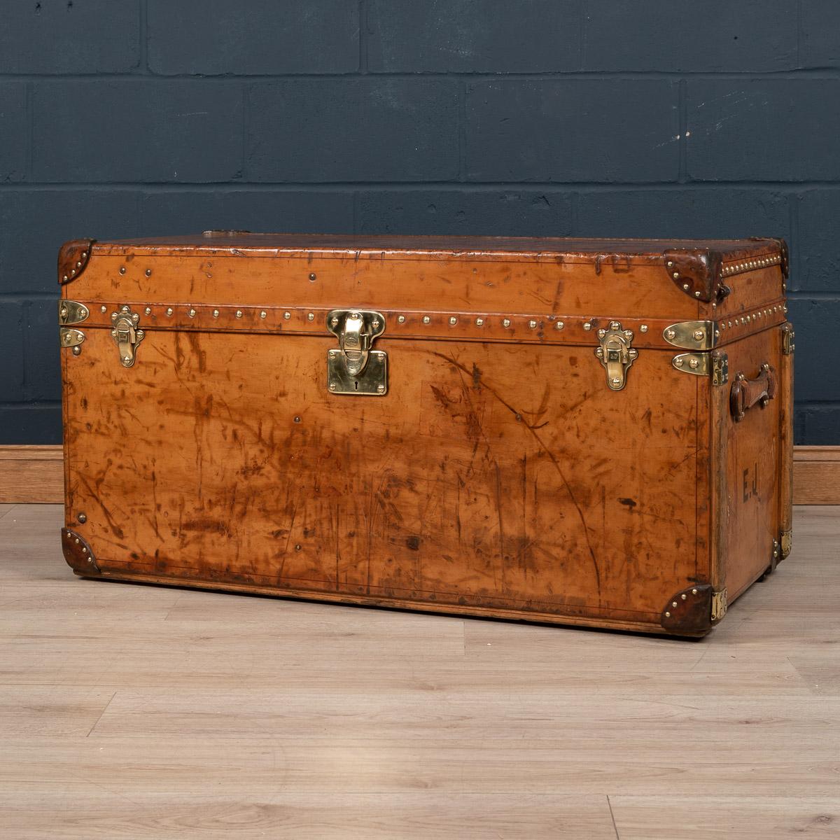 One of the most popular and sought after of Louis Vuitton trunks is the gentleman’s wardrobe finished in cowhide leather. Dating to the early part of the 20th century, these coverings were custom orders with Louis Vuitton, made from a single sheet