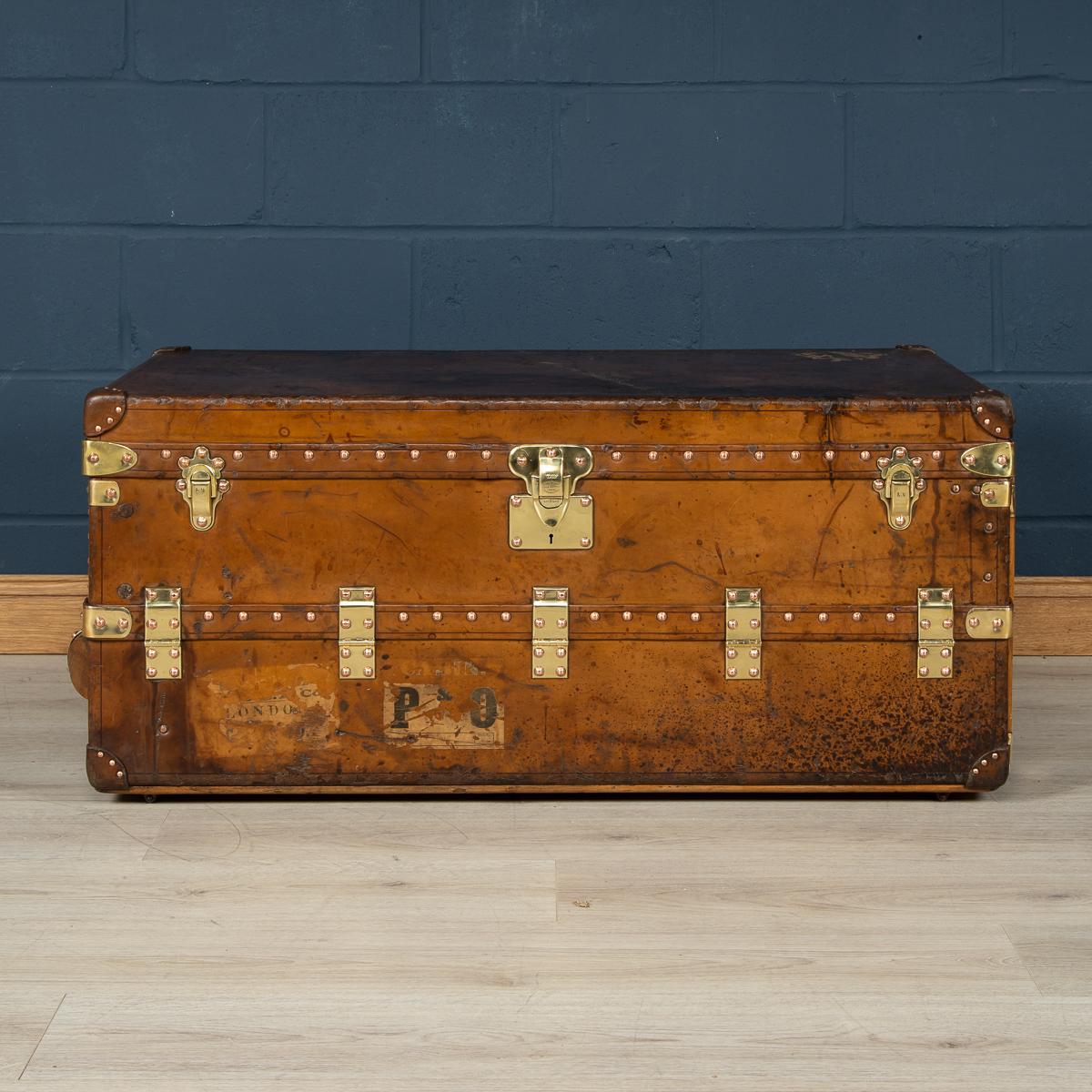 One of the most popular and sought after Louis Vuitton trunks is the gentleman’s wardrobe finished in cowhide leather, dating to the early part of the 20th century. These coverings were custom orders with Louis Vuitton, made from a single sheet of