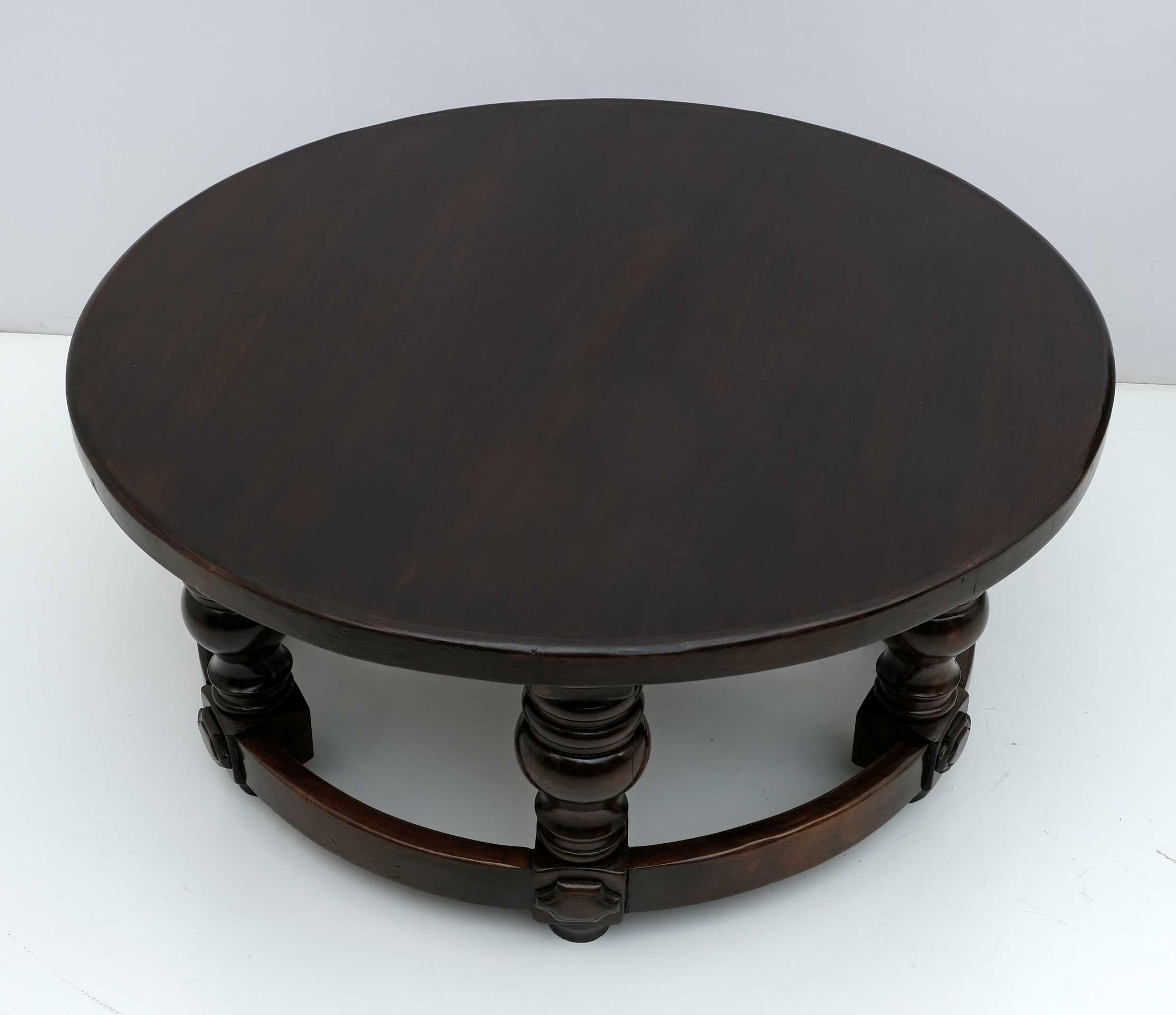 20th Century Louis XIII style solid walnut round coffee table, fully restored and shellac polished.