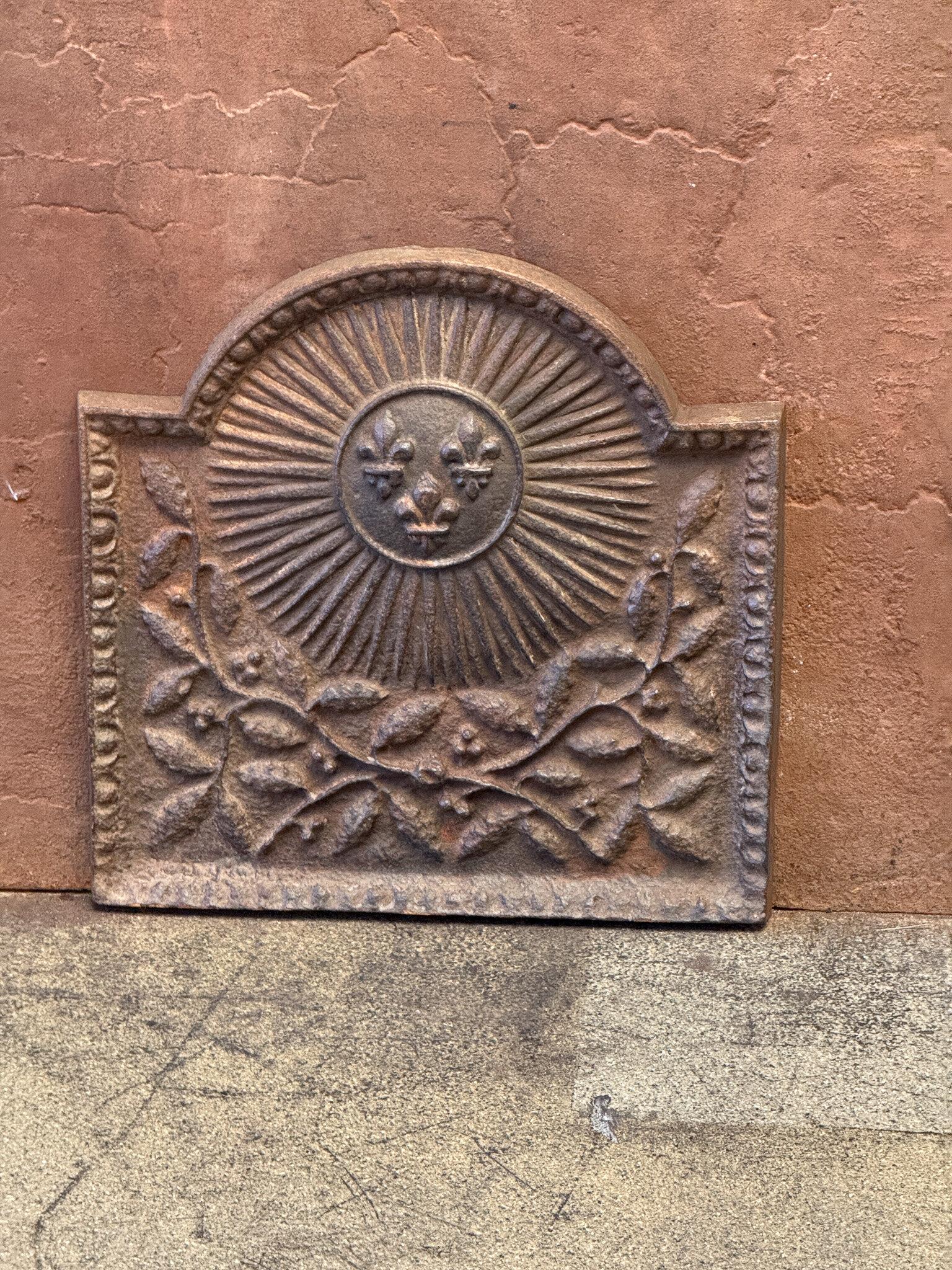 This 20th-century piece is styled in the Louis XIV manner, showcasing the arms of France. The design features the sun, symbolizing Louis XIV, the sun king. 

Constructed from cast iron, the fireback comes with a brown patina but can be furnished in