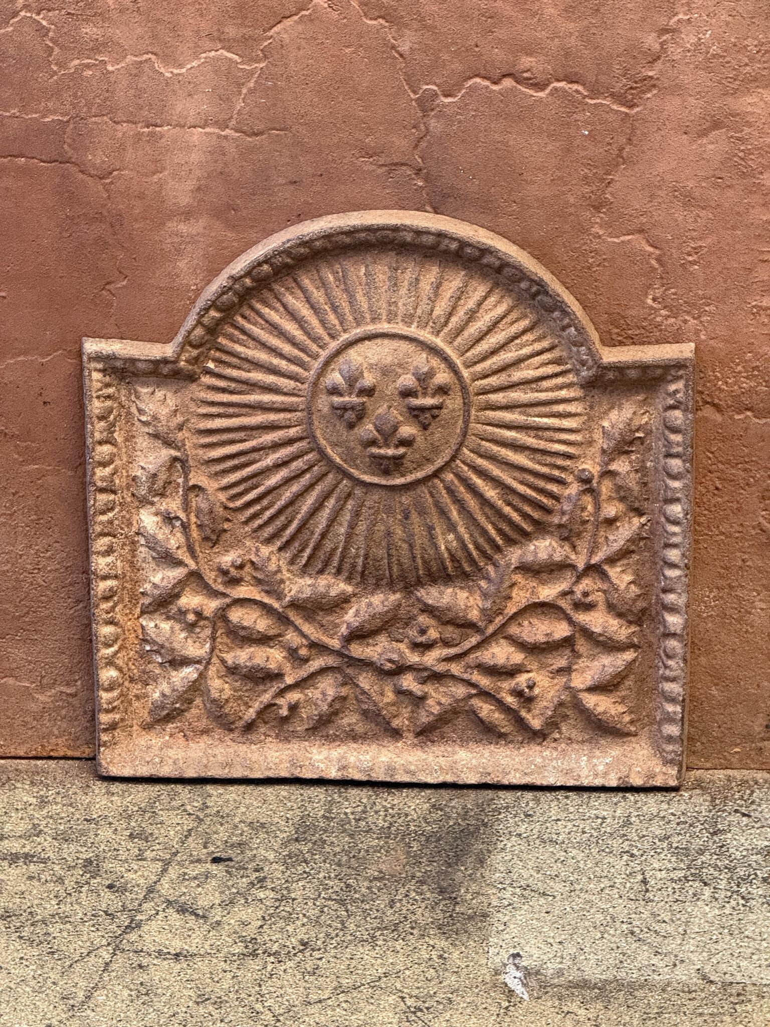 20th-century Louis XIV Style Fireback / Backsplash with the Arms of France. With the sun representing Louis XIV, the Sun King.

The fireback is made of cast iron and has a brown patina. It can be made black/pewter upon request at no extra cost. It