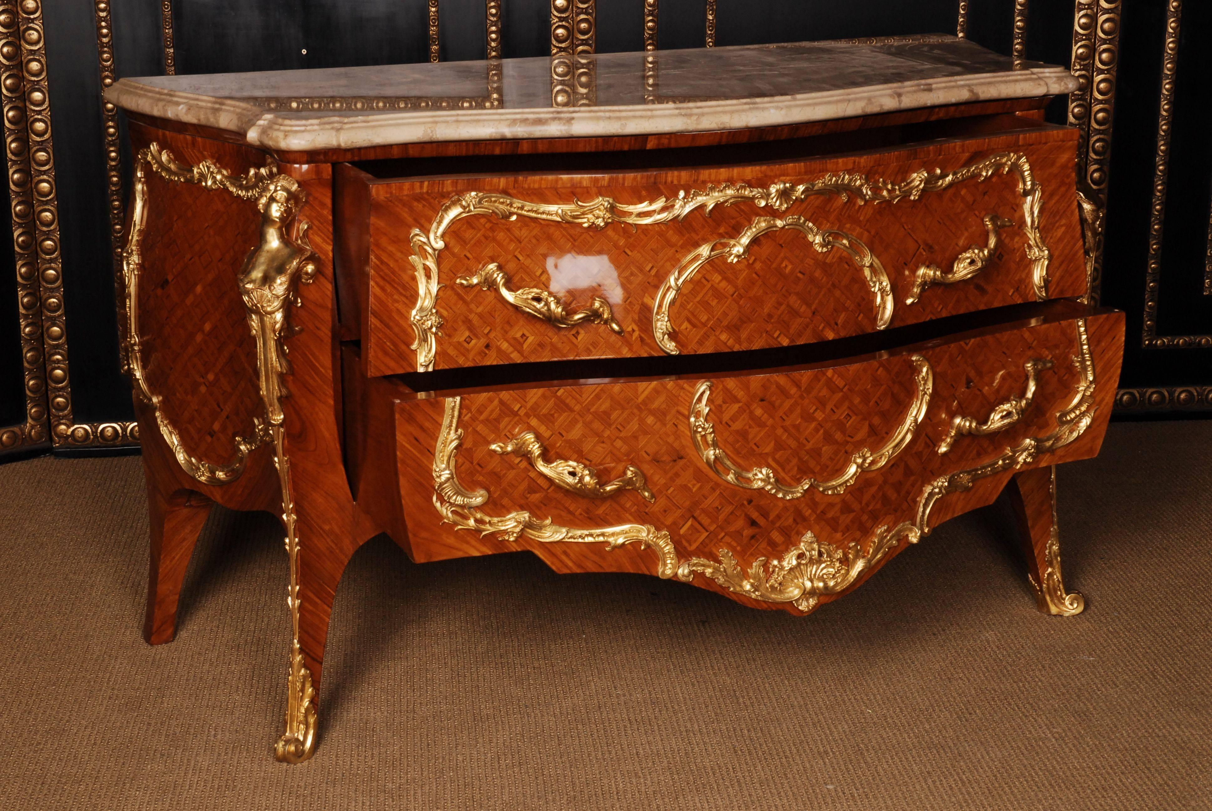 20th century Louis XV French Commode style after Francois Linke
Parketterie from Royal Woods on solid beechwood. Imposing Espagnoette style of Charles Cressent. 

Delivery time takes about 6-8 weeks.

(D-Sam-121).
 