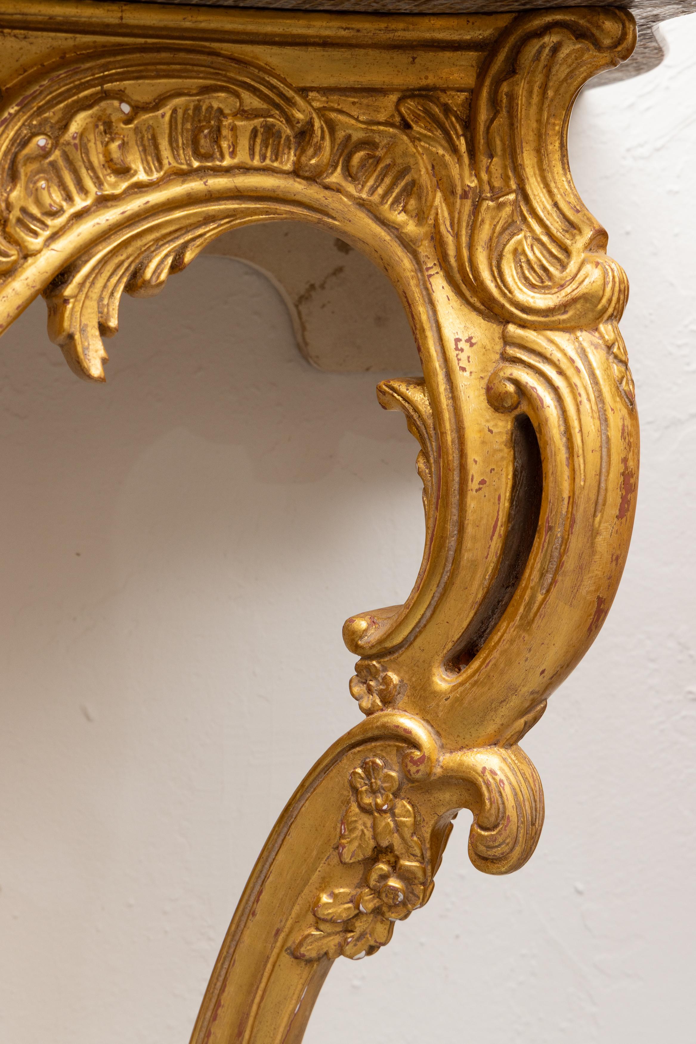 Hand-Carved 20th Century Louis XV Gilt Console with Marble Top (Pair available) For Sale