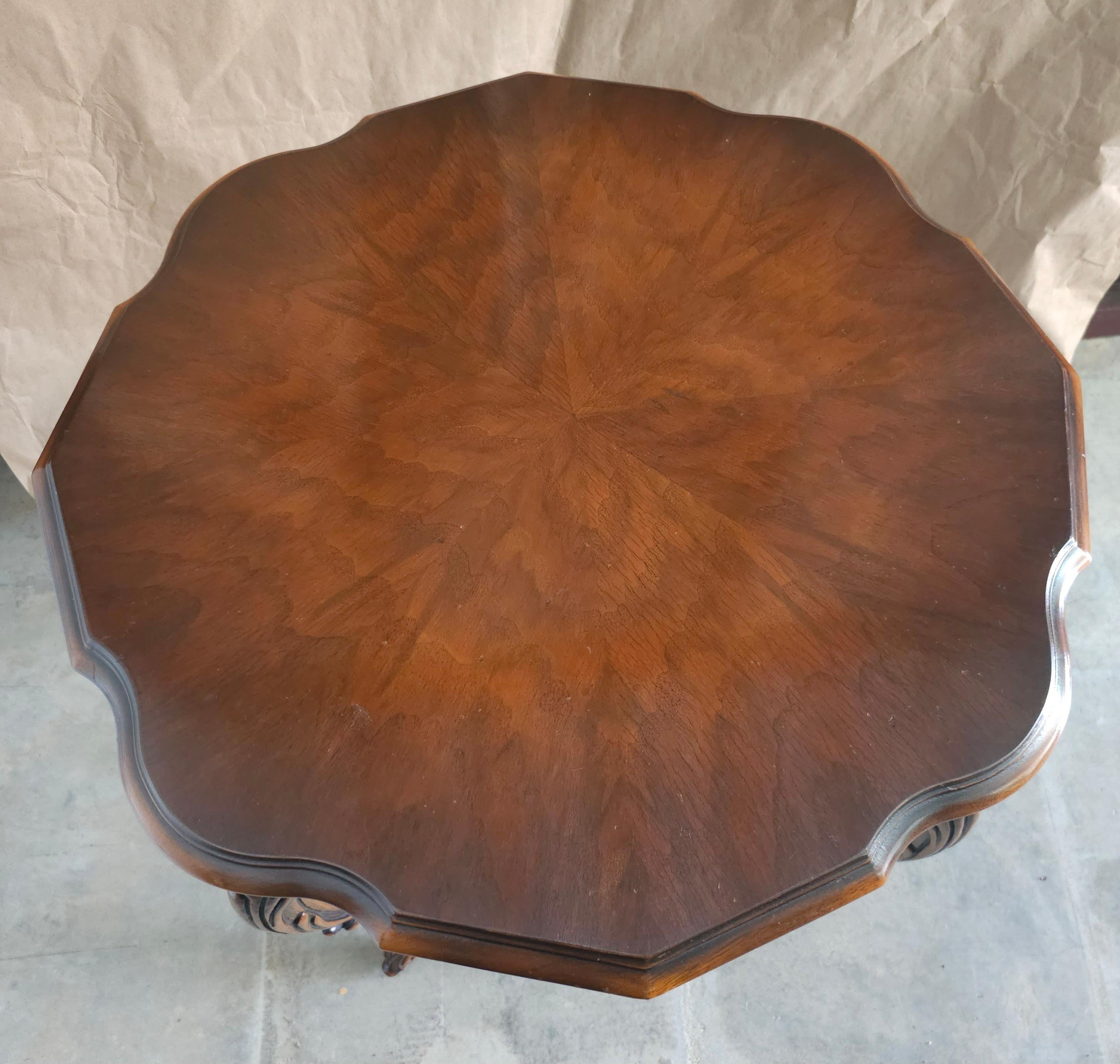 A 20th Century Louis XV Provincial Style Carved Walnut Gueridon Table. Solid wood carvings without composite material.
Measures 28