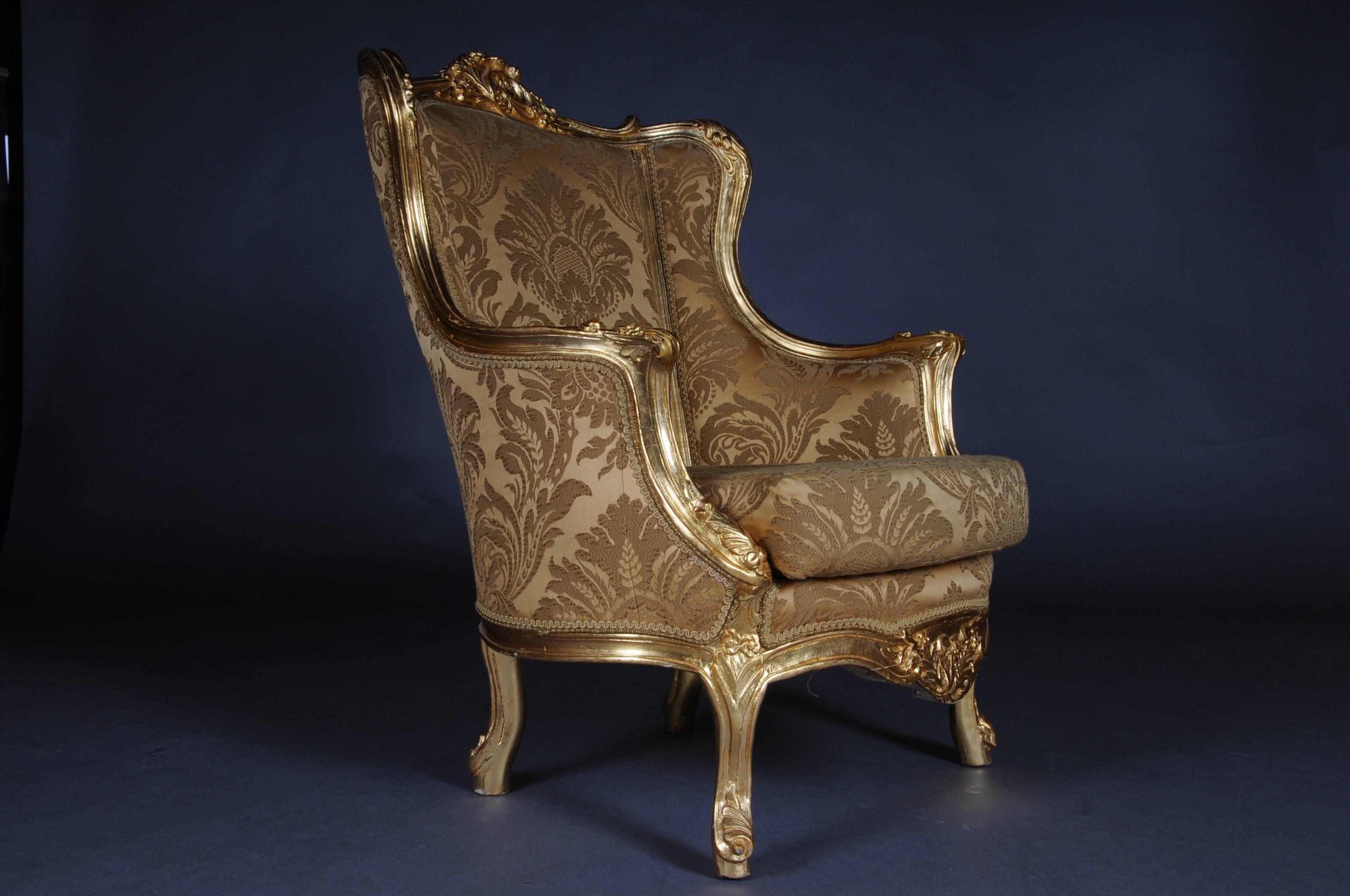 Solid beechwood, carved and gold frame. Semi-circular ascending backrest framing with Rocaillon crowning. Passive, carved frame. Slightly bent frame on curly legs. The seat and backrest are treated with a Classic, Classic upholstery, removable seat.