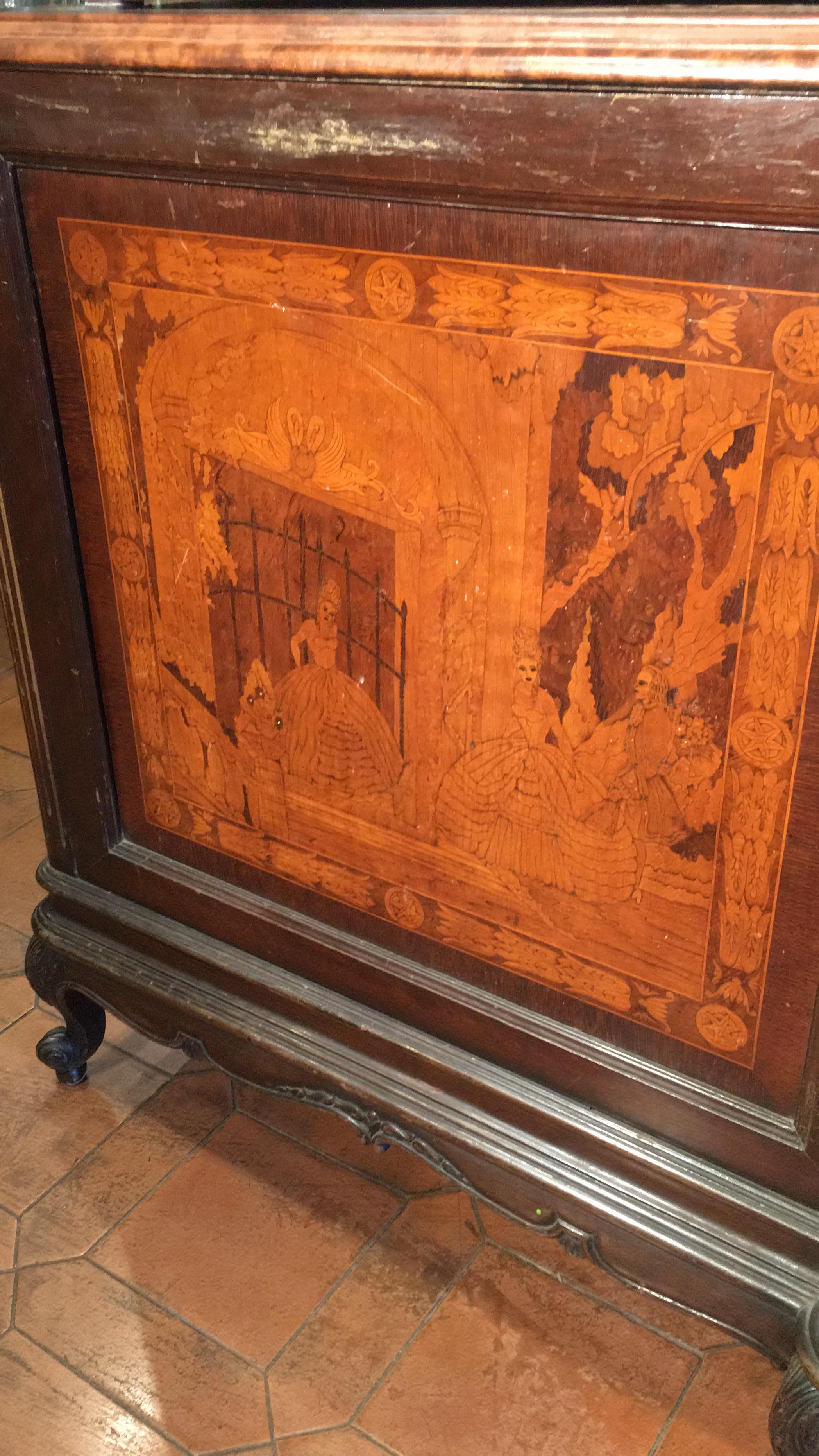 Rare shop cabinet, Italian, in rosewood and walnut with inlaid boxwood and mother of pearl, completely inlaid on the front and sides, with romantic and gala scenes, on some parts (as seen from photos) was made cleaning, the parts are sharper and