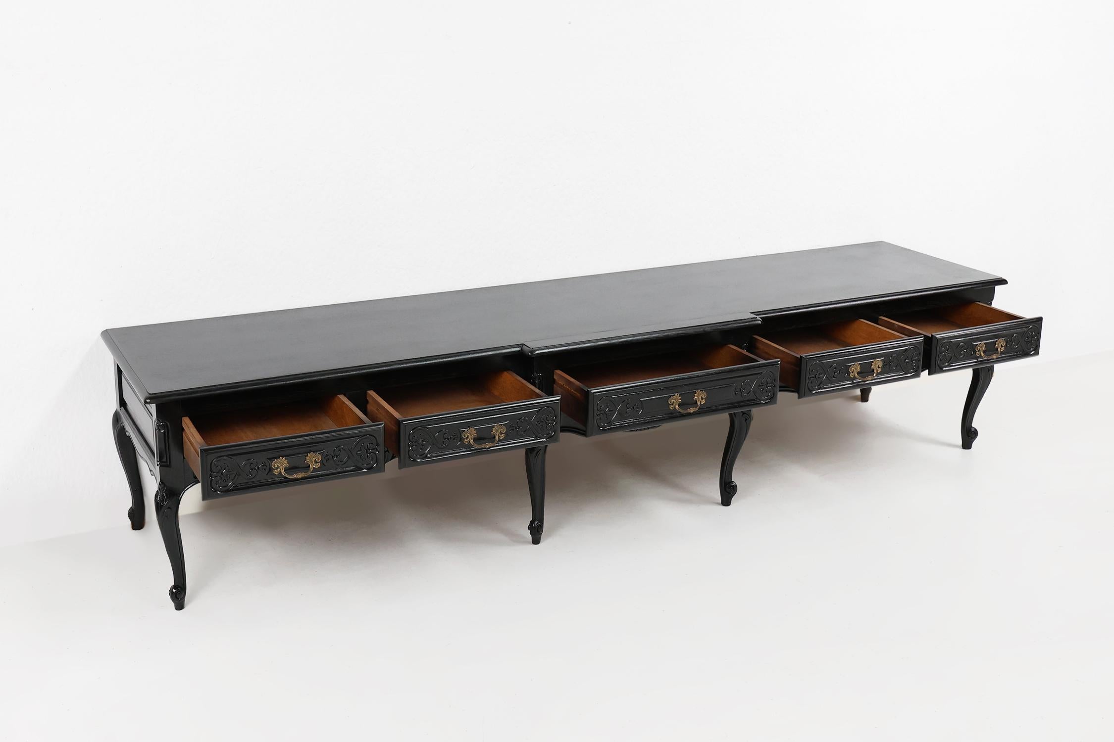 Wood 20th Century Louis XV style black low sideboard, France For Sale