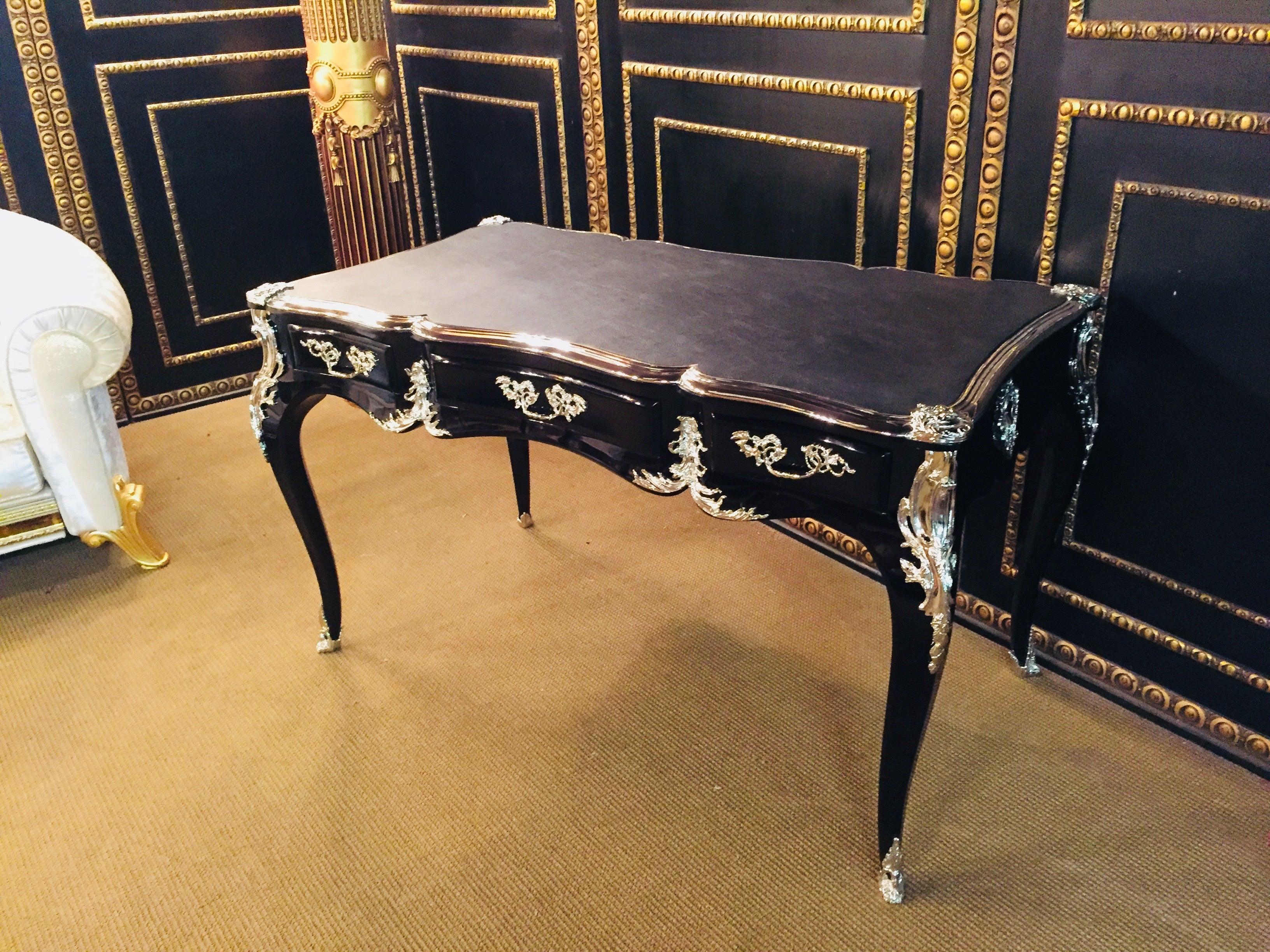 20th Century antique Louis XV Style Bureau Plat Writing Table Piano Black For Sale 3