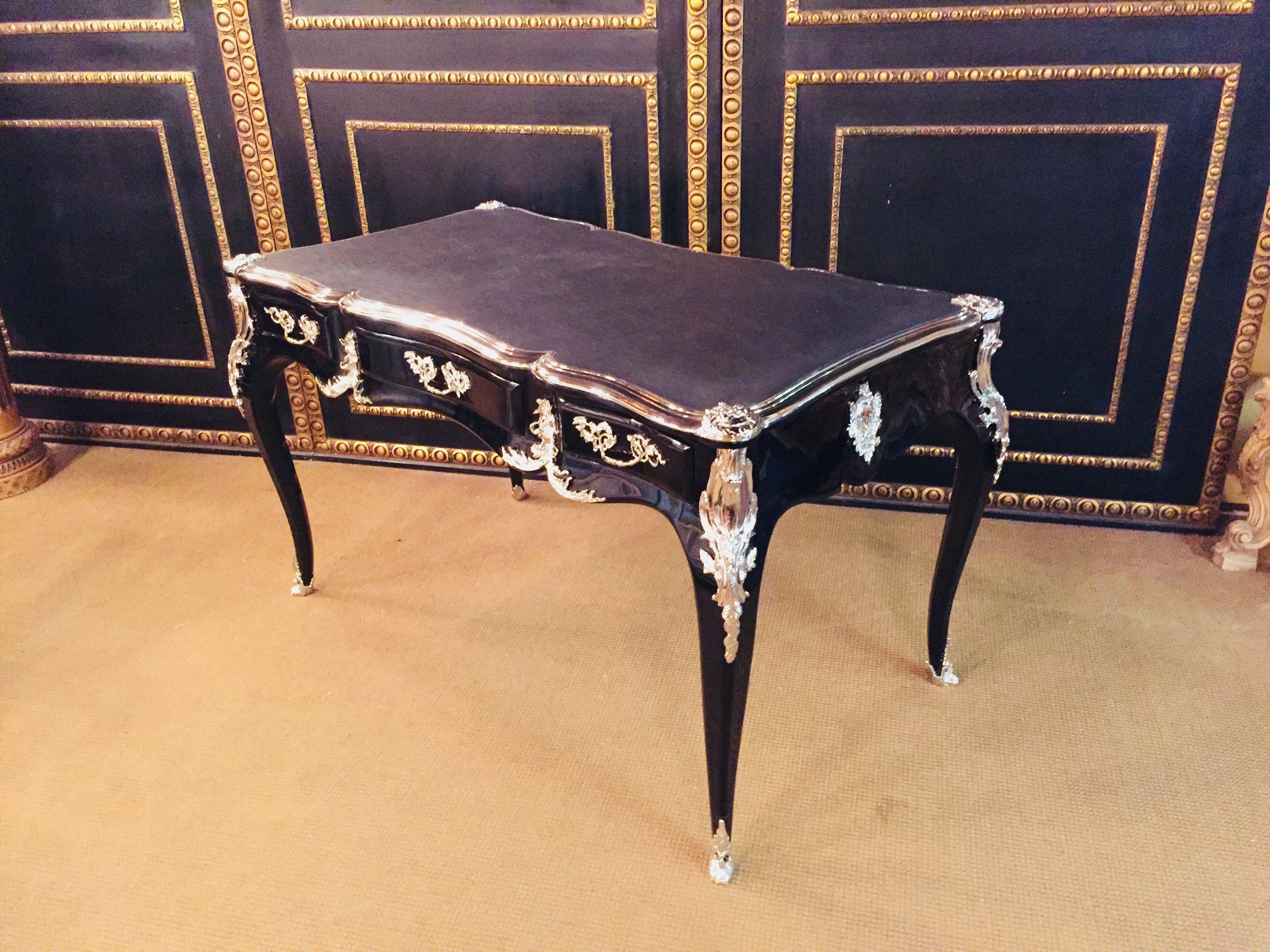 20th Century antique Louis XV Style Bureau Plat Writing Table Piano Black For Sale 4