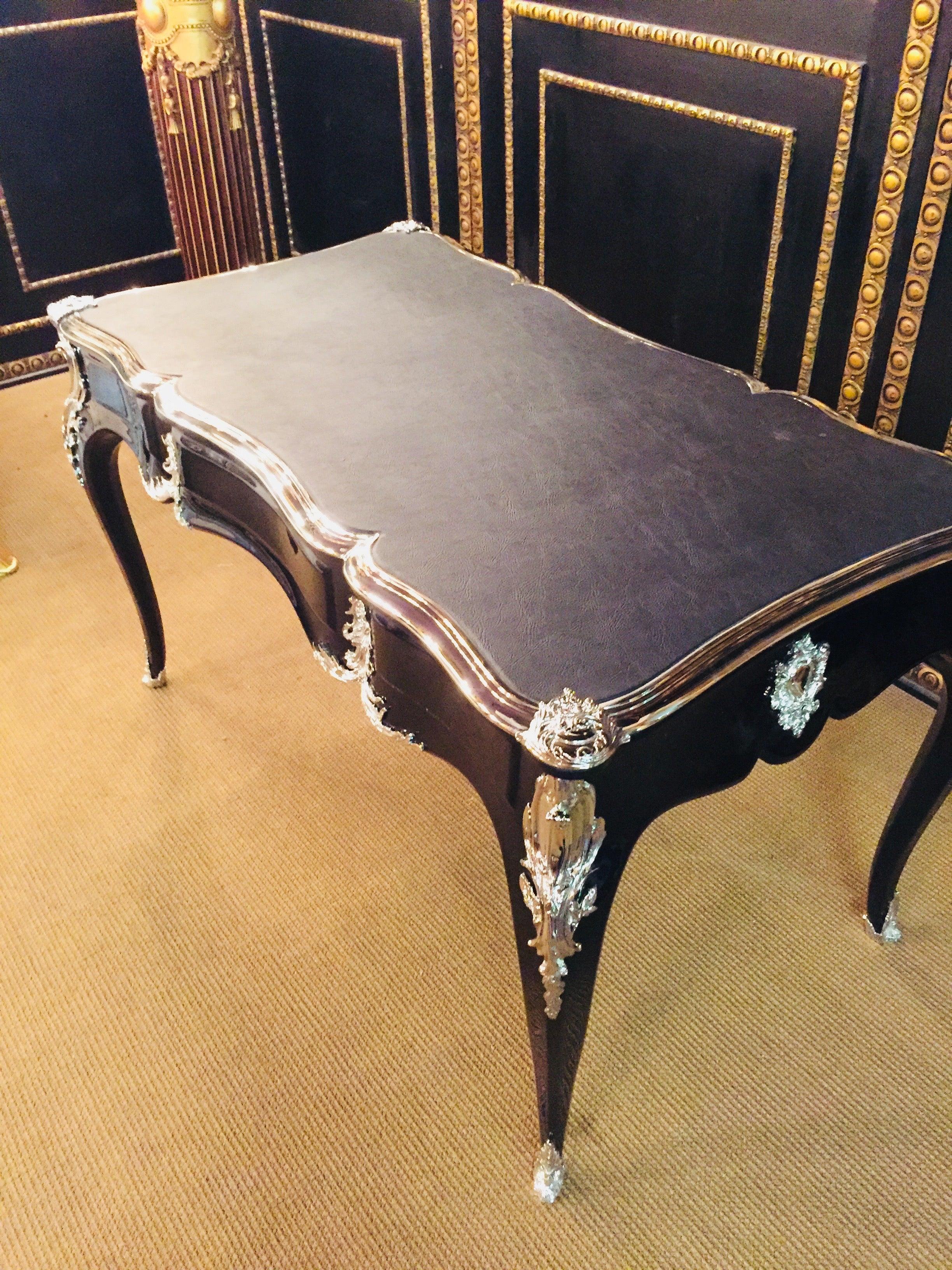 20th Century antique Louis XV Style Bureau Plat Writing Table Piano Black For Sale 11