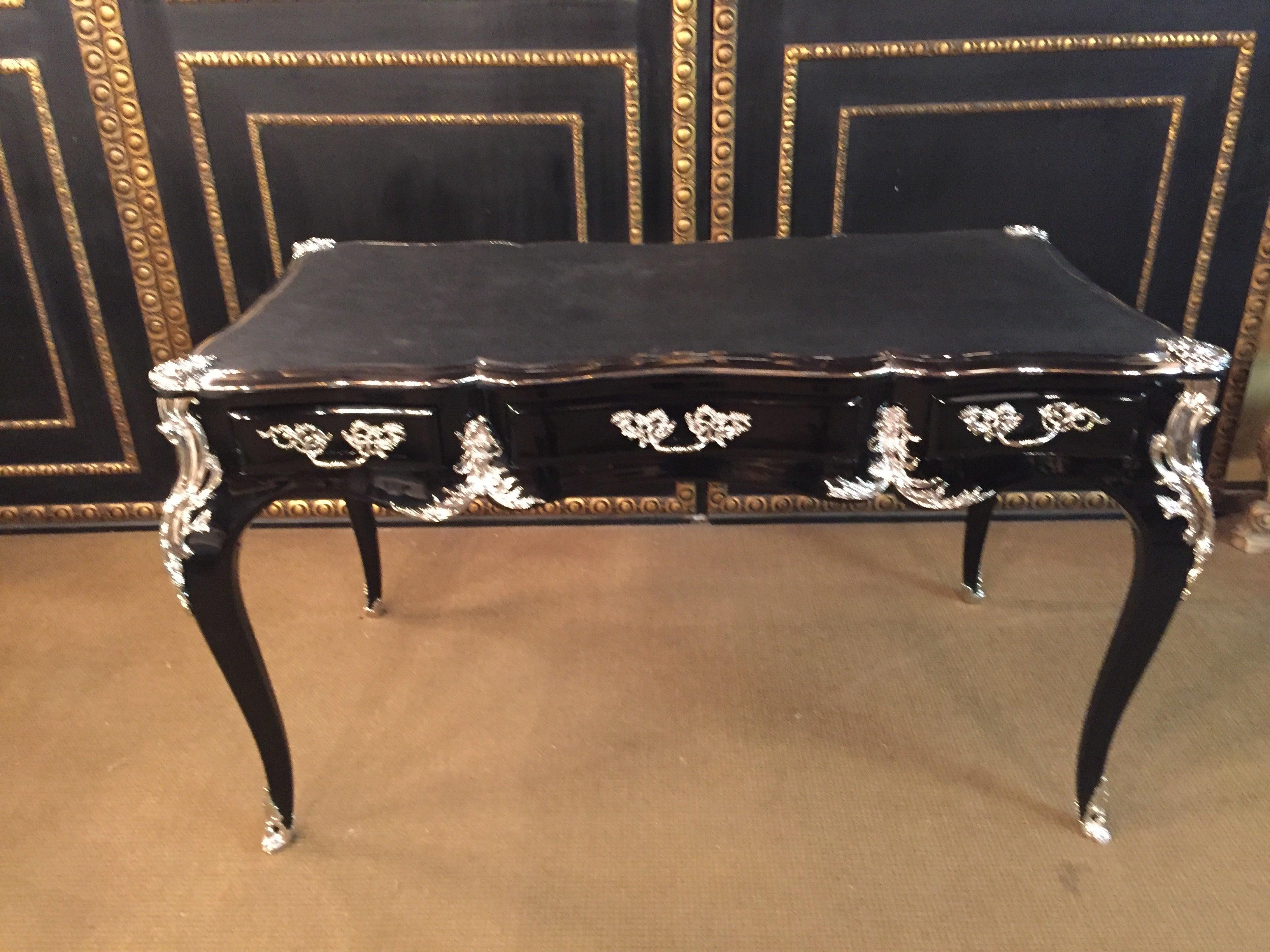 French 20th Century Louis XV Style Bureau Plat Writing Table Piano Black