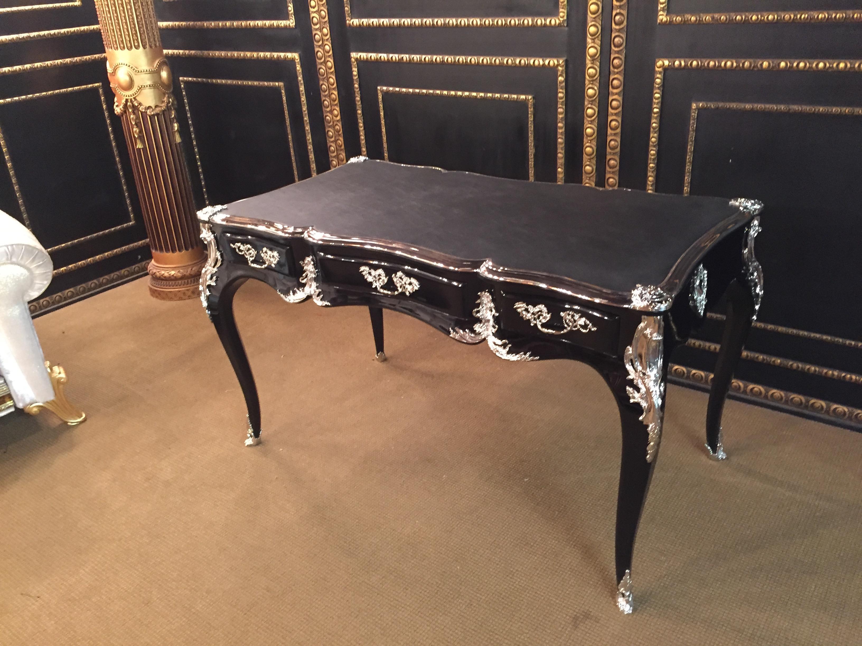 Polished 20th Century Louis XV Style Bureau Plat Writing Table Piano Black