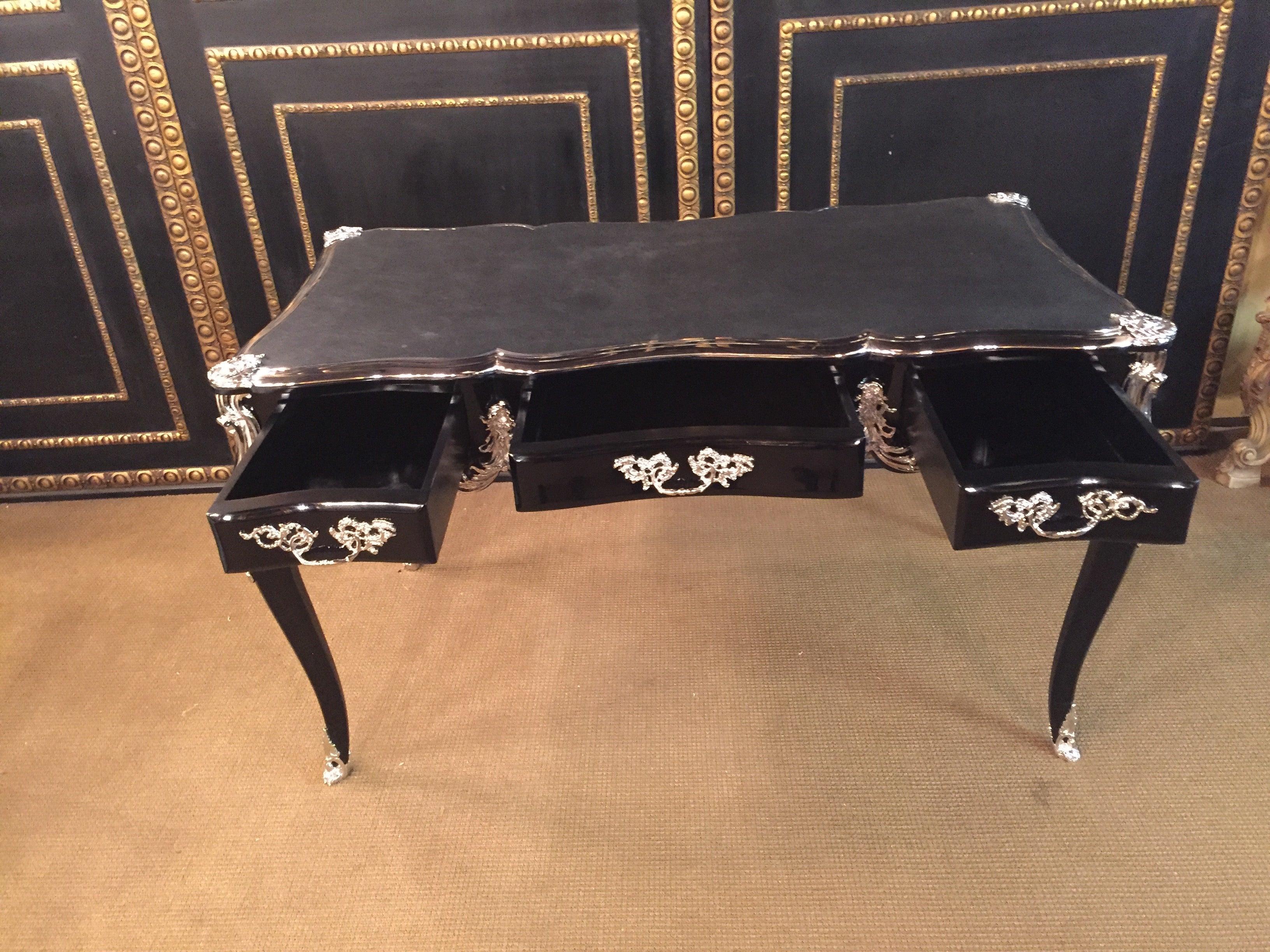 Lacquered 20th Century antique Louis XV Style Bureau Plat Writing Table Piano Black For Sale