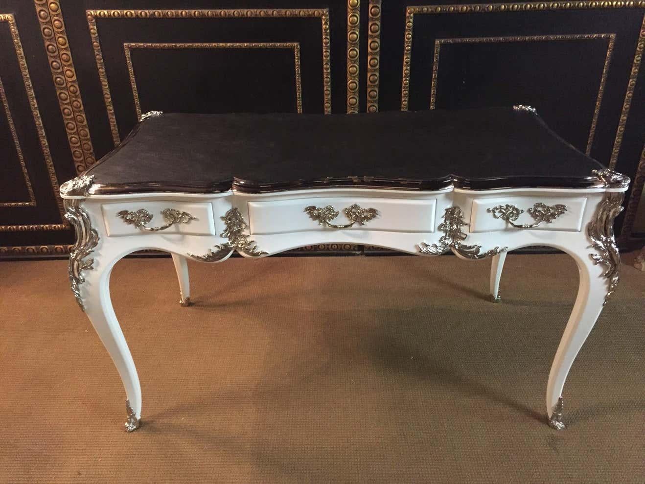French 20th Century antique Louis XV Style Bureau Plat Writing Table Piano White  For Sale