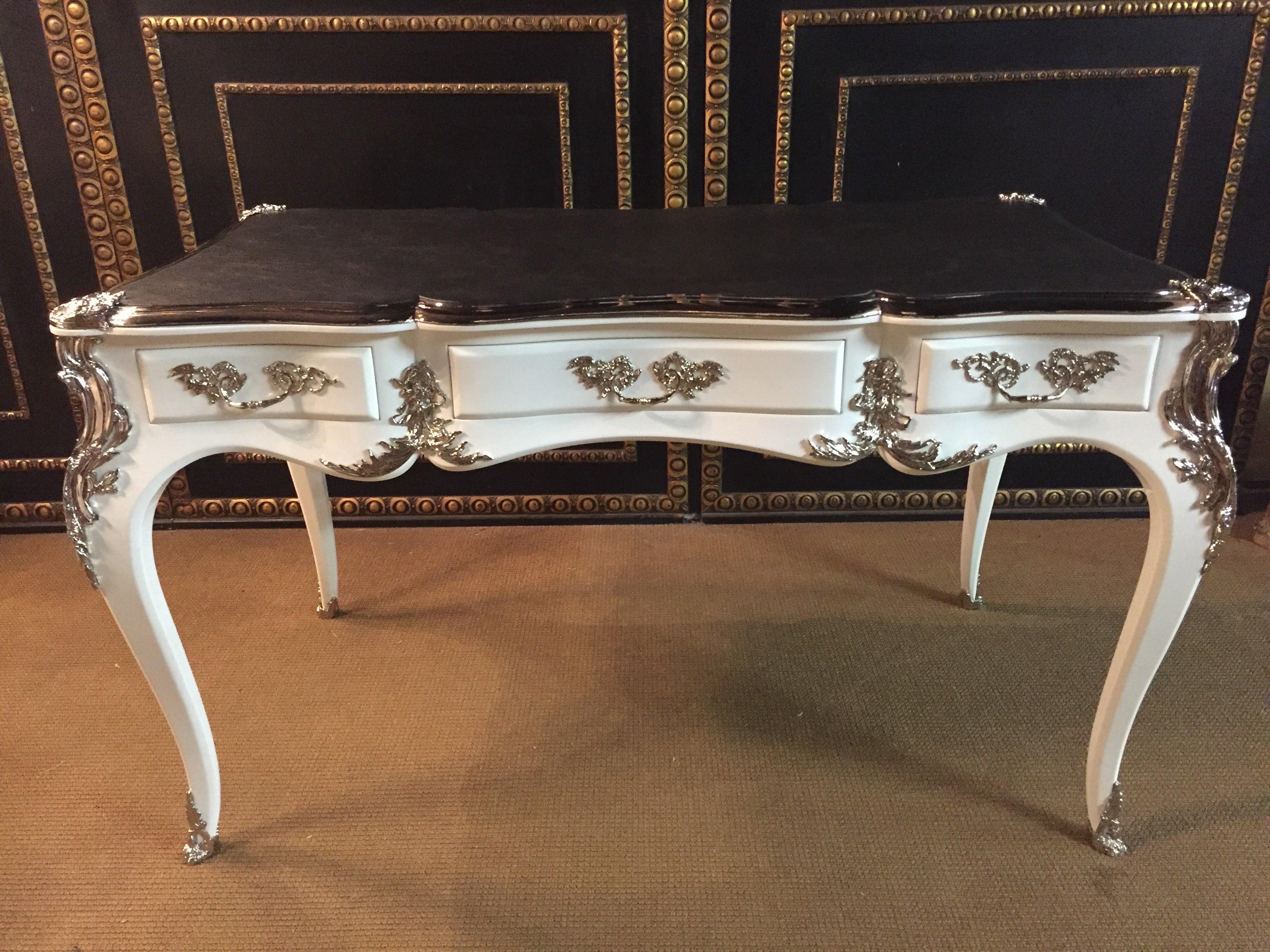 Lacquered 20th Century Louis XV Style Bureau Plat Writing Table Piano White