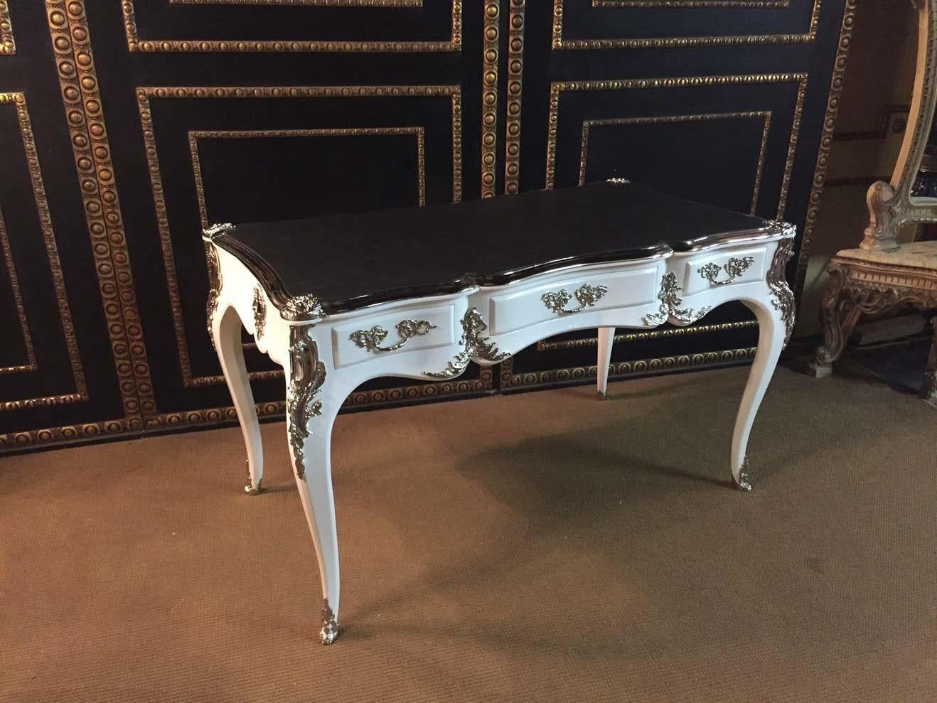 Lacquered 20th Century antique Louis XV Style Bureau Plat Writing Table Piano White  For Sale