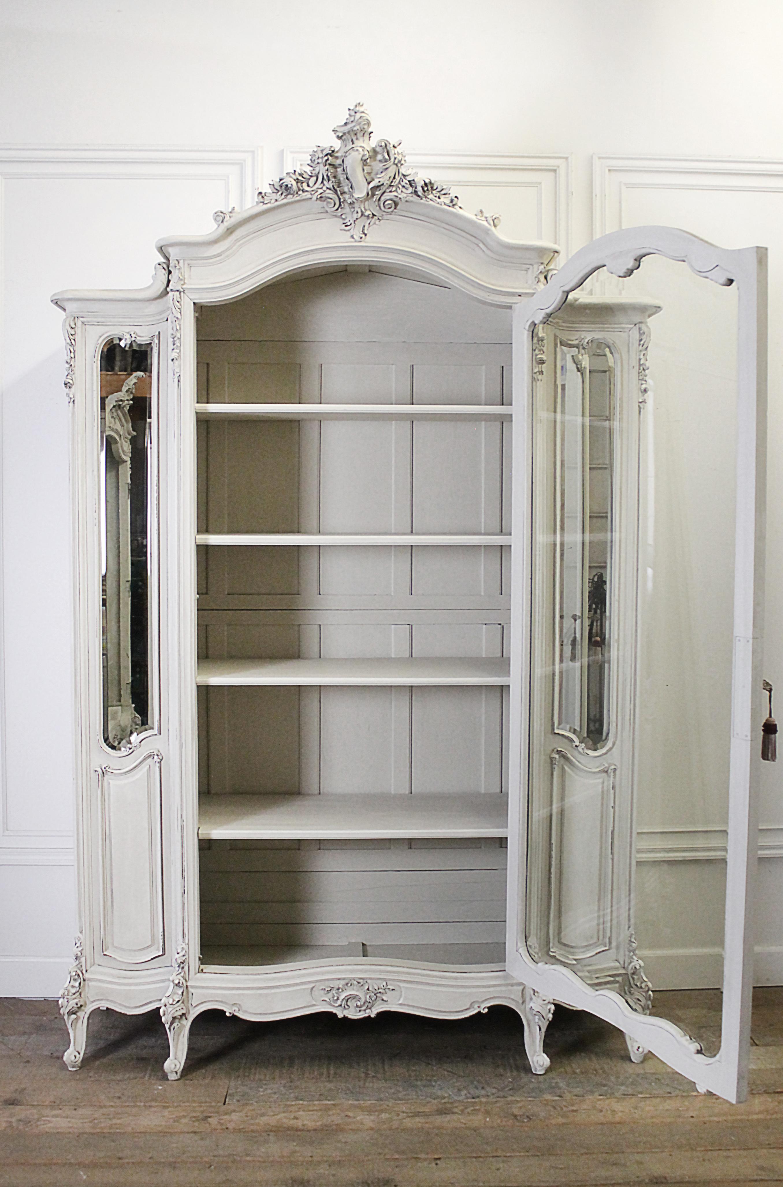 20th Century Louis XV Style Carved French Armoire Painted Antique White 2