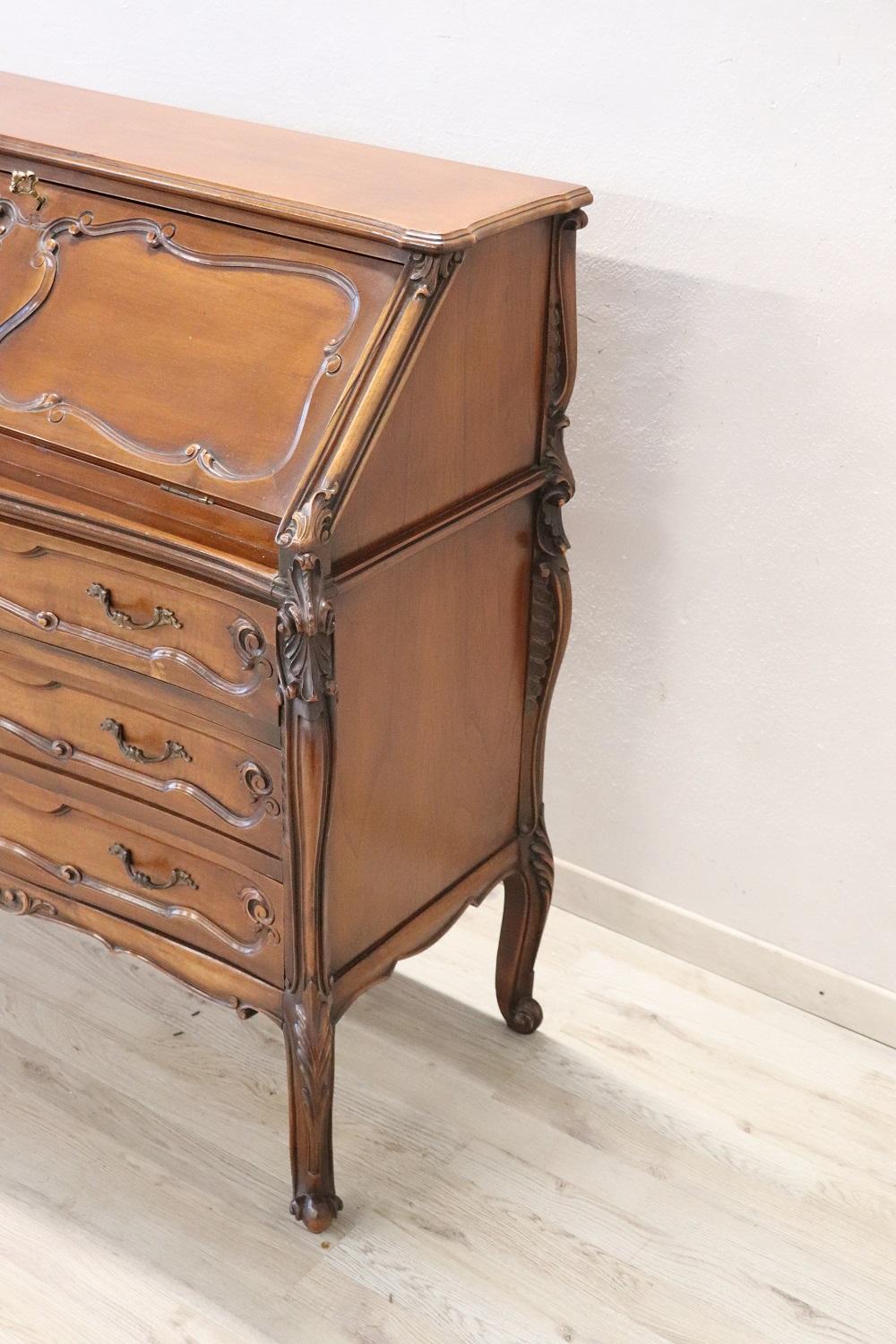 Italian 20th Century Louis XV Style Carved Walnut Chest of Drawers with Secrétaire