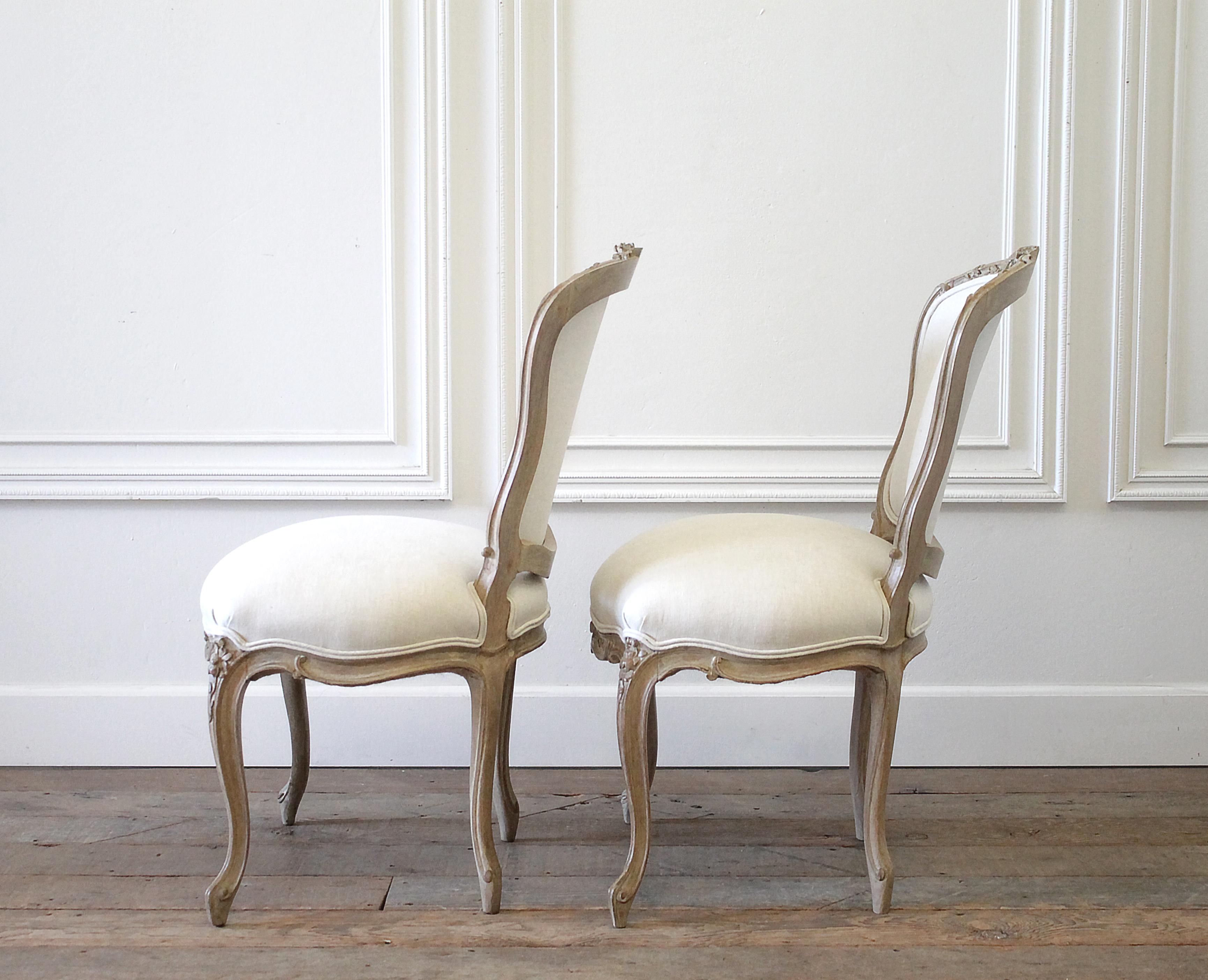 Hand-Carved 20th Century Louis XV Style Carved Wood and Linen Upholstered Chairs