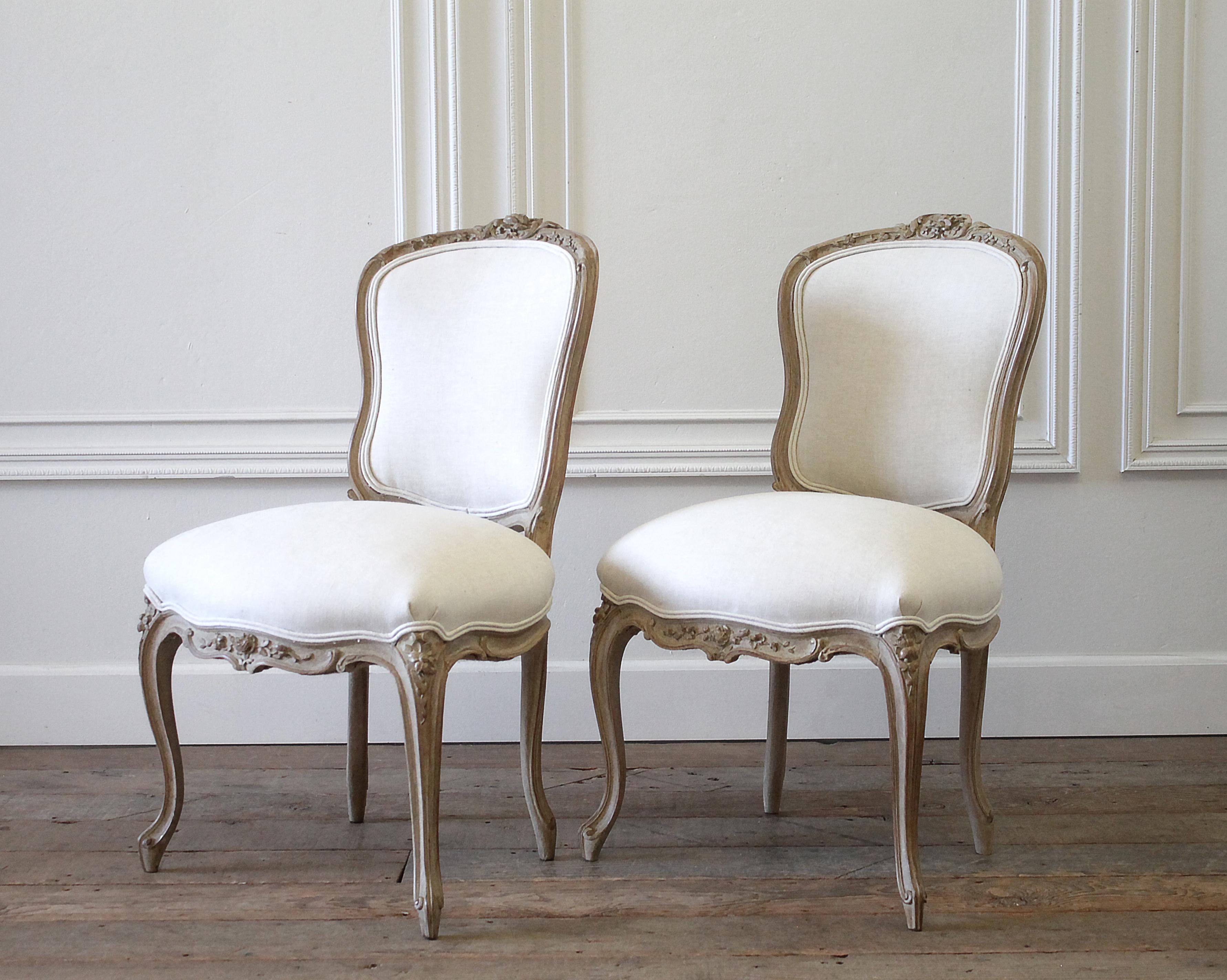 20th Century Louis XV Style Carved Wood and Linen Upholstered Chairs In Good Condition In Brea, CA
