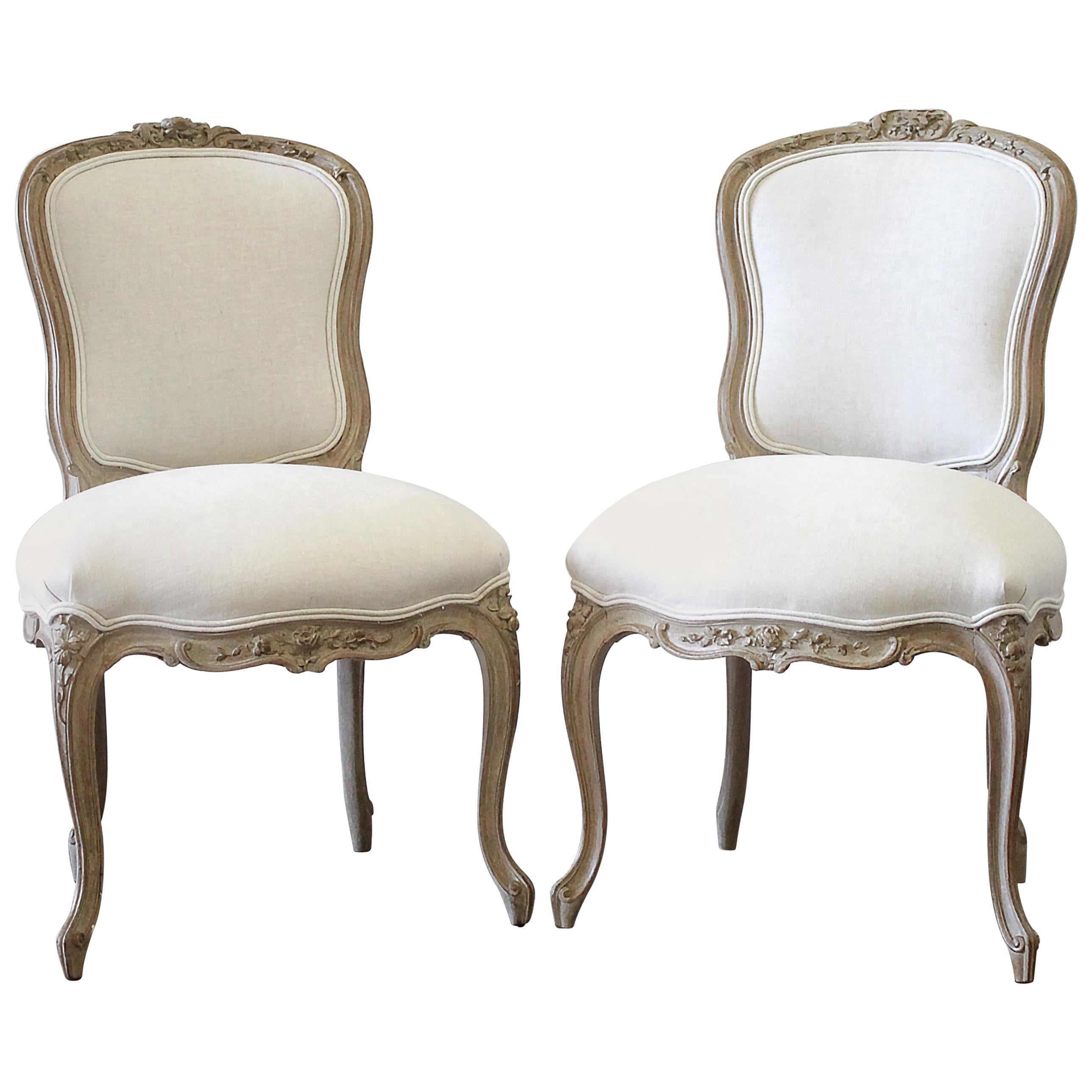 20th Century Louis XV Style Carved Wood and Linen Upholstered Chairs