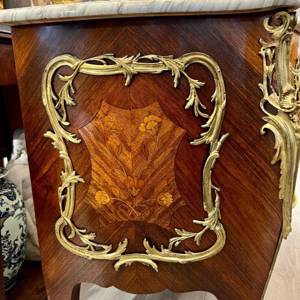 French 20th Century Louis XV Style Ceremonial Commode in Marquetry and Marble Top For Sale