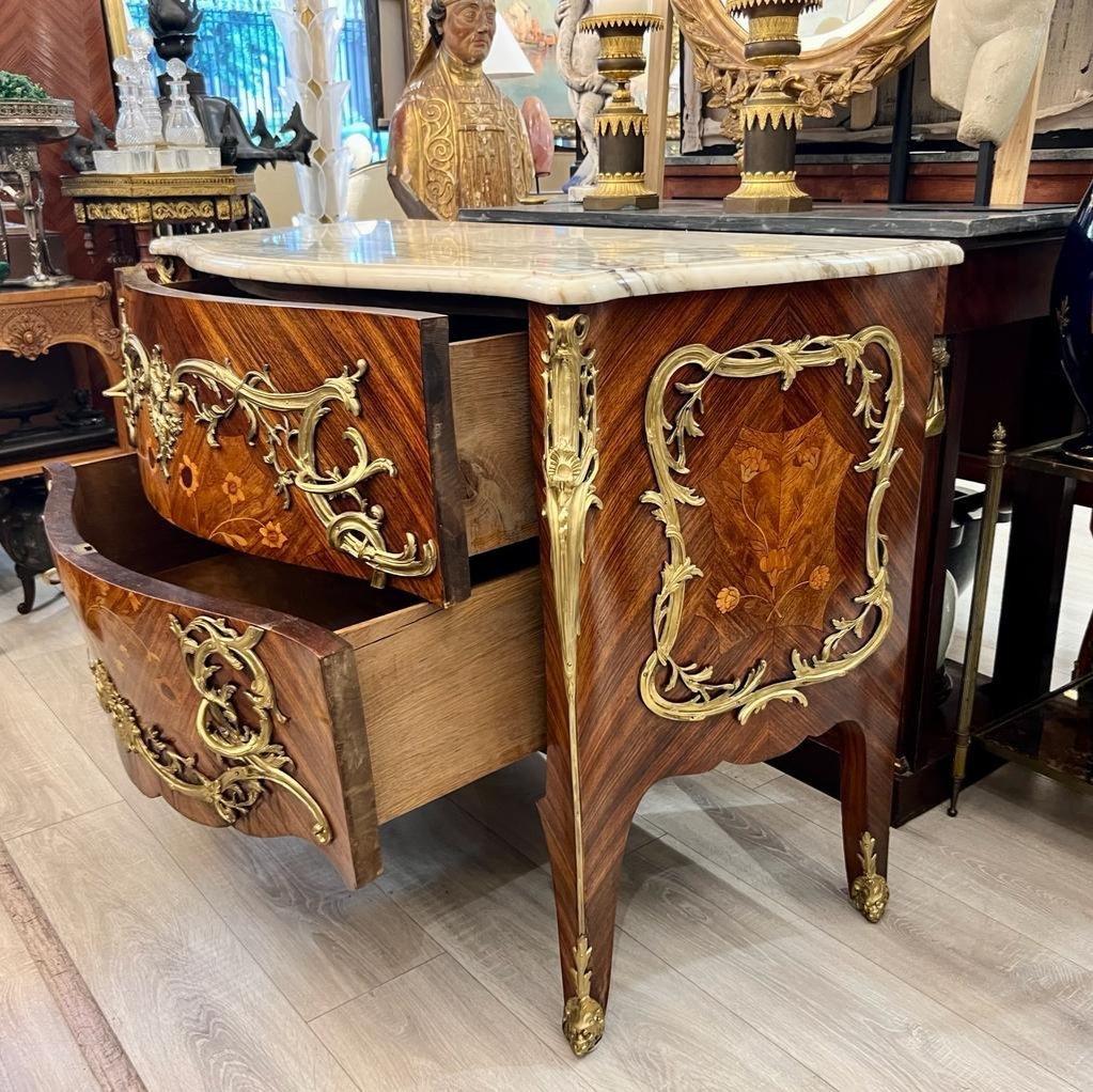Bronze 20th Century Louis XV Style Ceremonial Commode in Marquetry and Marble Top For Sale