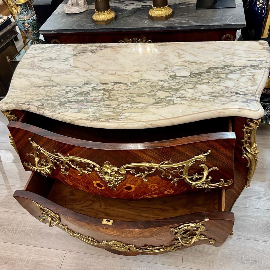 20th Century Louis XV Style Ceremonial Commode in Marquetry and Marble Top For Sale 3