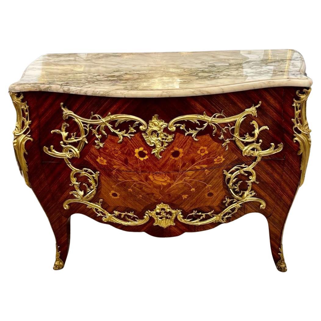 20th Century Louis XV Style Ceremonial Commode in Marquetry and Marble Top For Sale