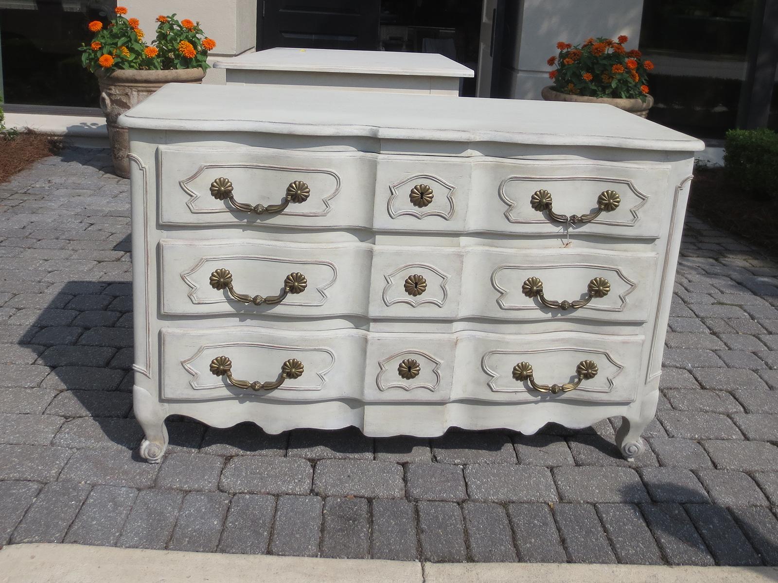 20th century Louis XV style commode with custom paint, three drawers.