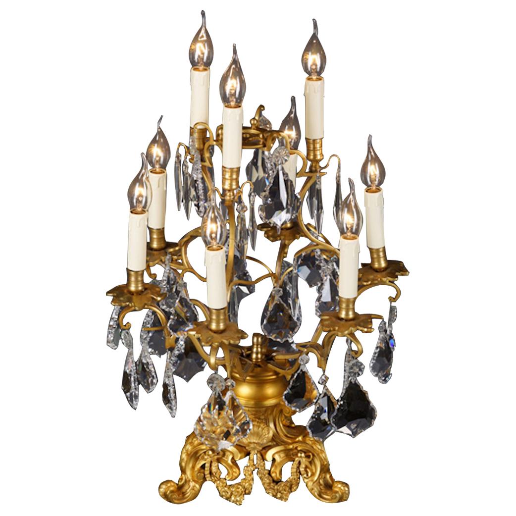20th Century Louis XV Style Girandole Table Lamp Brass with Crystals For Sale