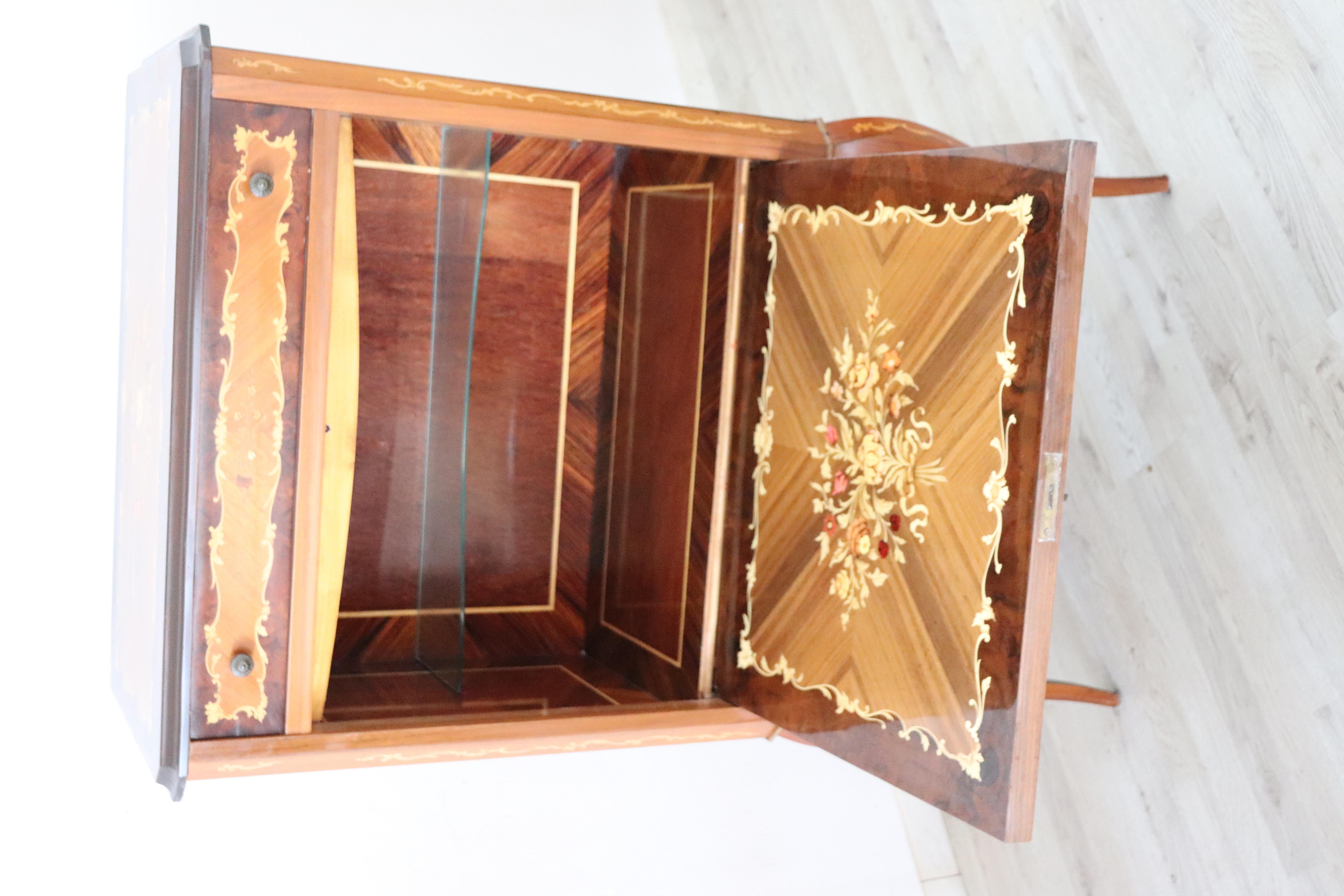Walnut 20th Century Louis XV Style Inlaid Wood Bar Cabinet