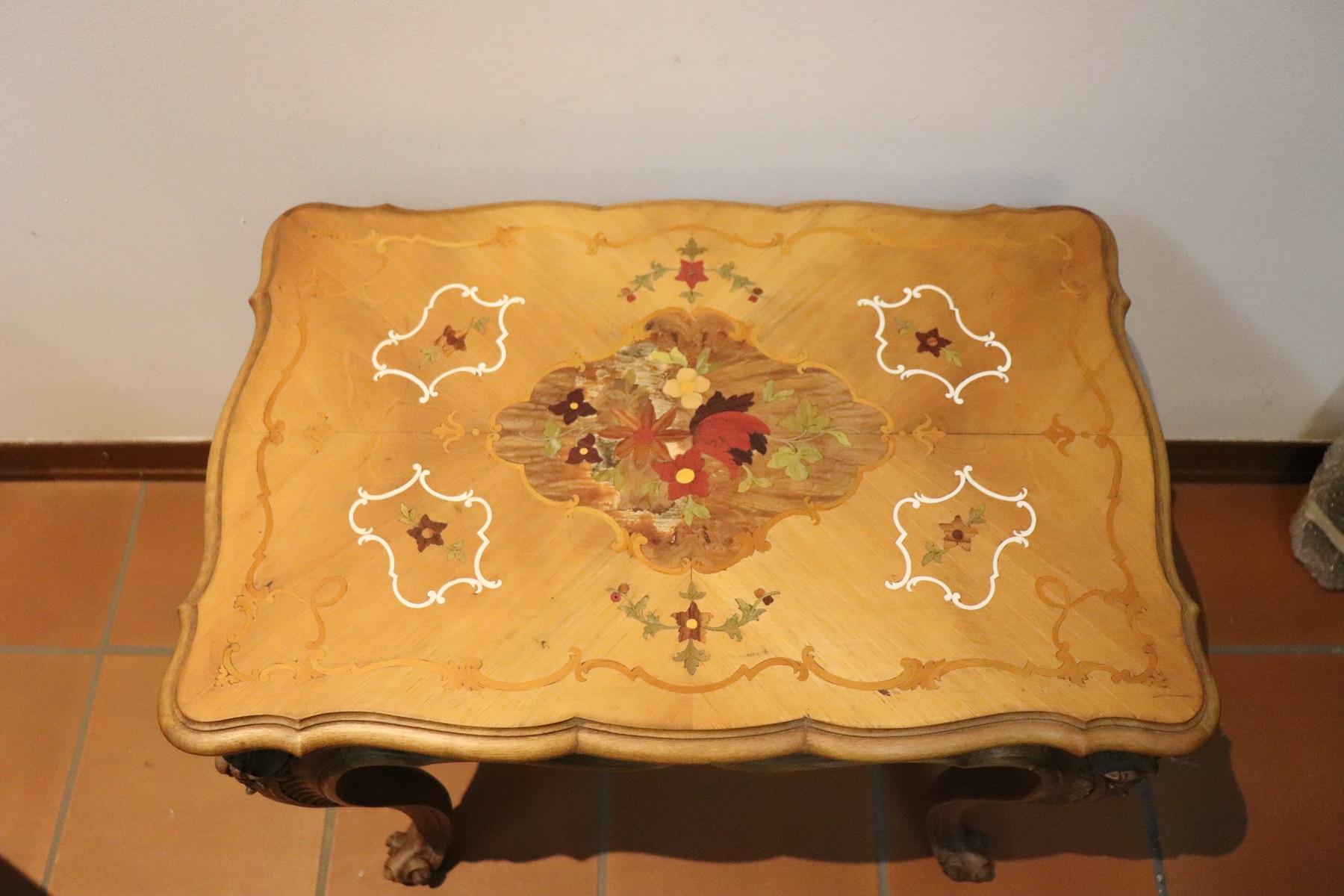 Rare and fine quality Italian Louis XV style, 1950s side tables or sofa tables. The tables has a particular legs slender. Precious inlay wood on the top. can also be placed in the center of the room. Really delicious tables. True Italian antiques