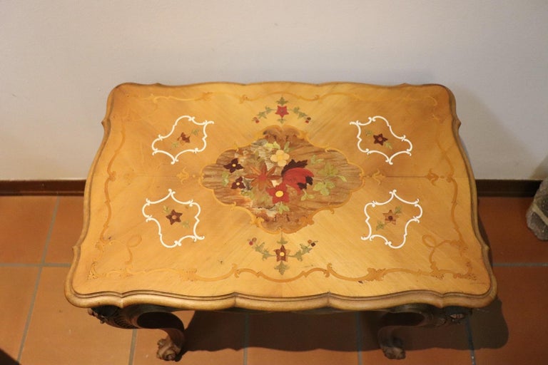 Rare and fine quality Italian Louis XV style, 1950s side tables or sofa tables. The tables has a particular legs slender. Precious inlay wood on the top. can also be placed in the center of the room. Really delicious tables. True Italian antiques