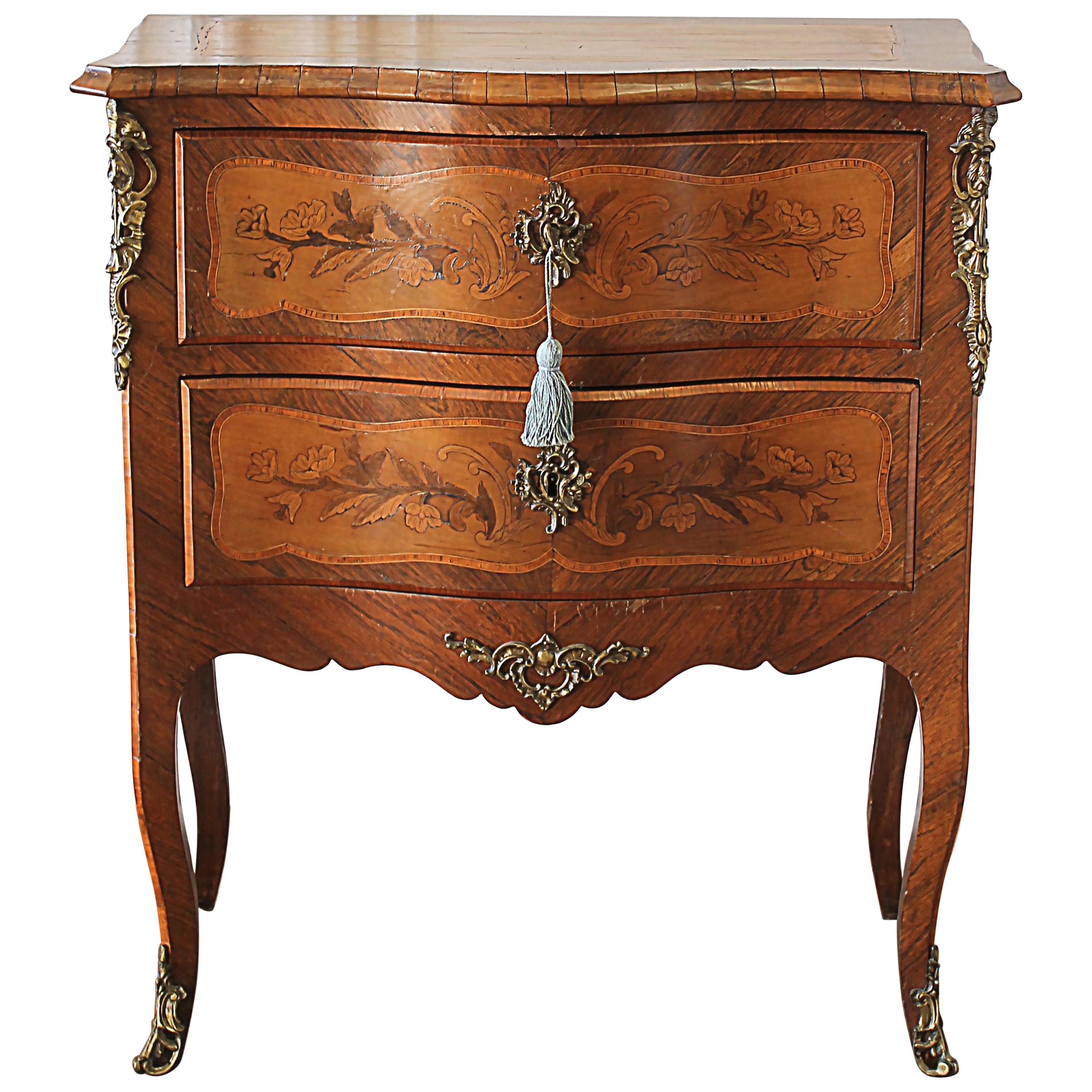 20th Century Louis XV Style Inlay Commode with Bronze Mounts