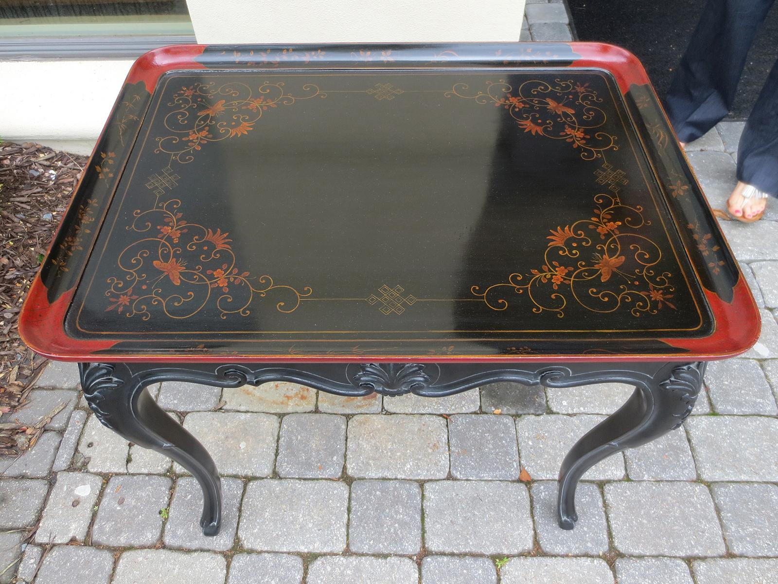 Wood 20th Century Louis XV Style Oriental Custom Painted Tray Table For Sale