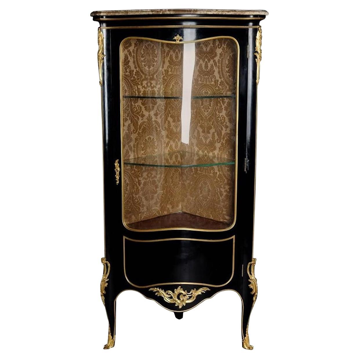 20th Century Louis XV Style Piano-Black Corner Vitrine