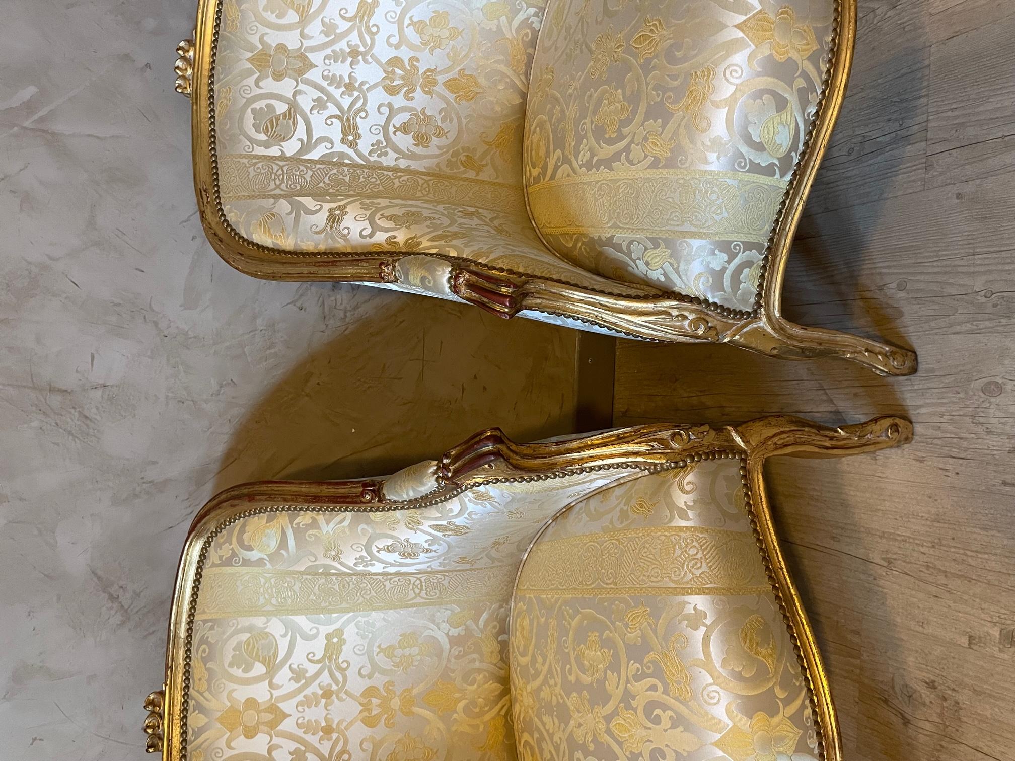 20th Century Louis XV Style Silk and Golden Wood Pair of Bergere Armchair, 1900s In Good Condition In LEGNY, FR