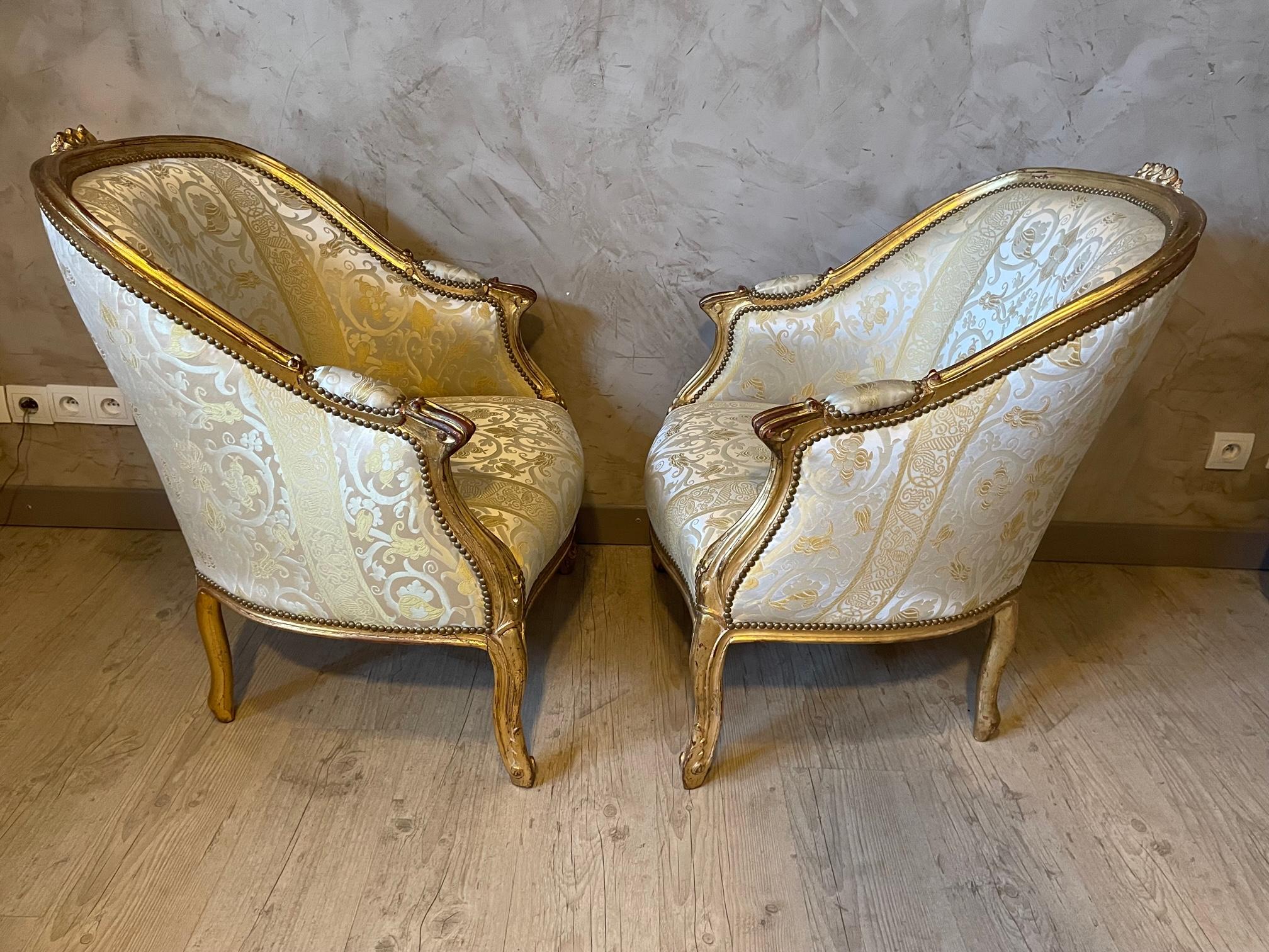 Early 20th Century 20th Century Louis XV Style Silk and Golden Wood Pair of Bergere Armchair, 1900s