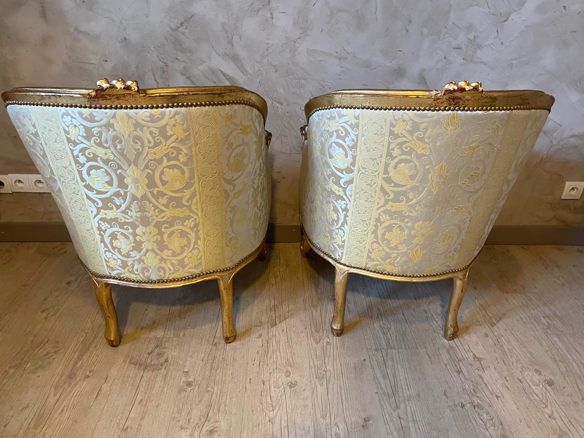 20th Century Louis XV Style Silk and Golden Wood Pair of Bergere Armchair, 1900s 3