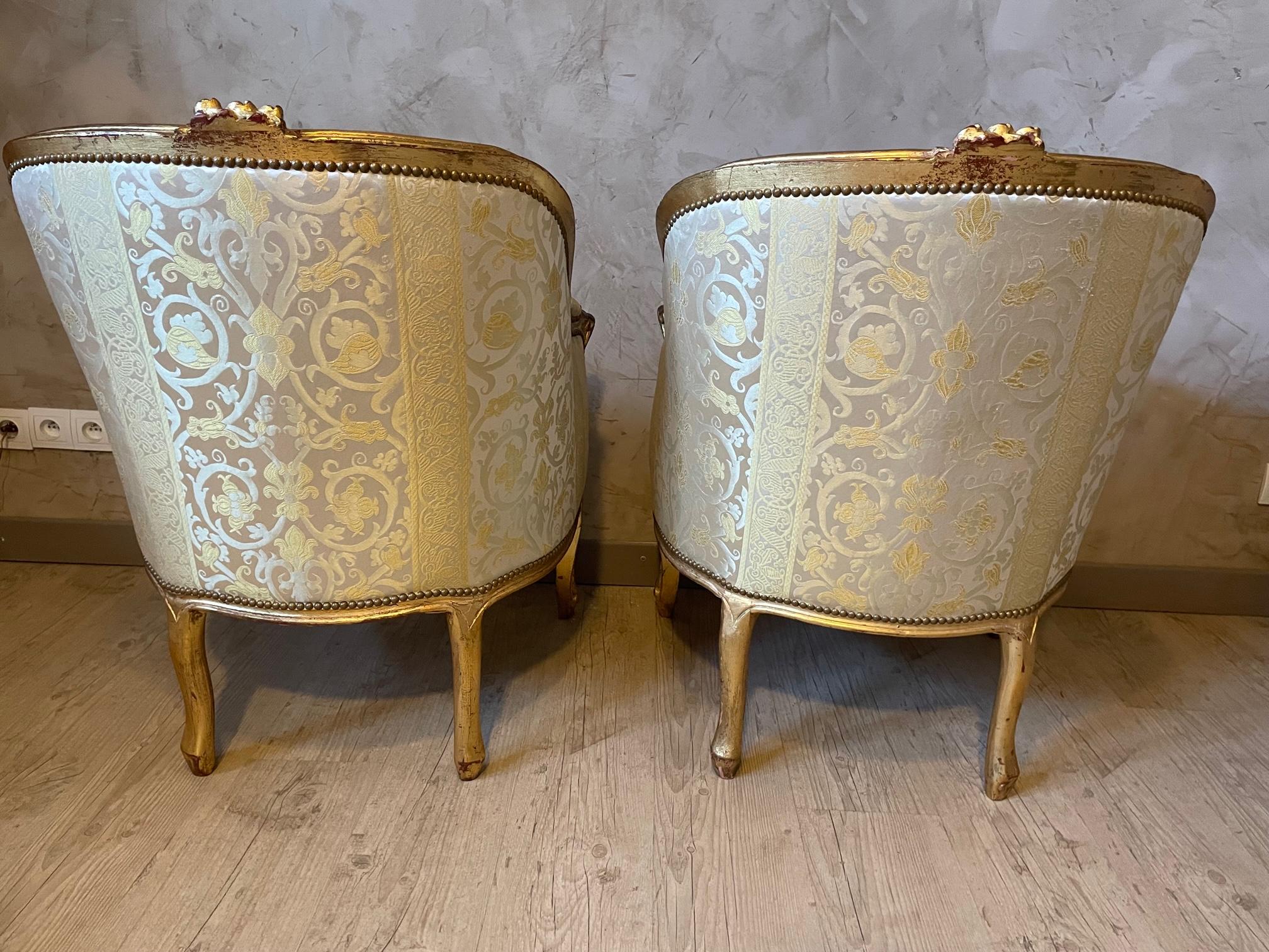 20th Century Louis XV Style Silk and Golden Wood Pair of Bergere Armchair, 1900s 4