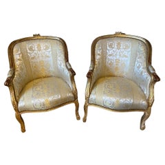 20th Century Louis XV Style Silk and Golden Wood Pair of Bergere Armchair, 1900s