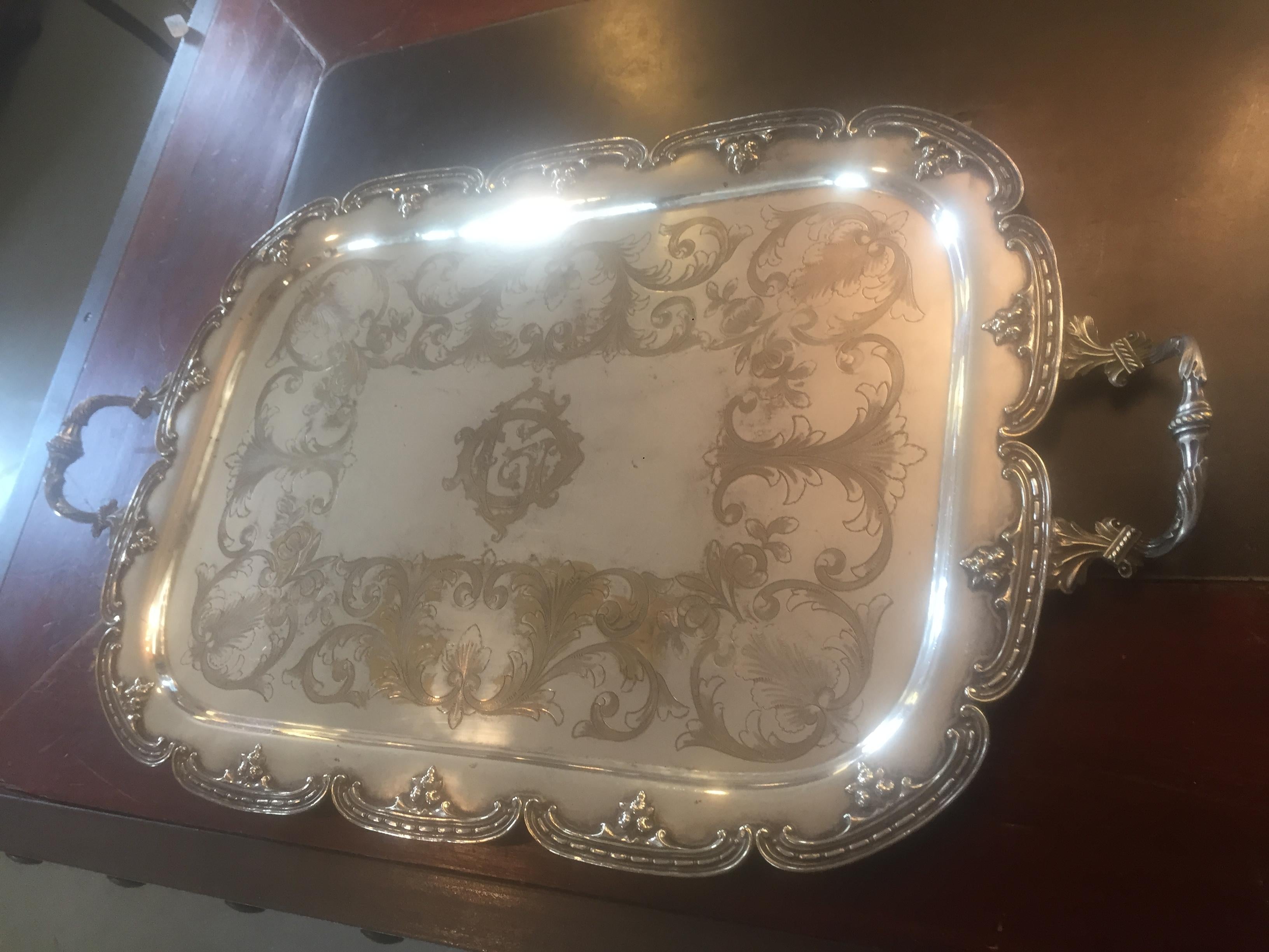 20th Century Louis XV Style Silver Plate Monogramed Tray, 1900s For Sale 10