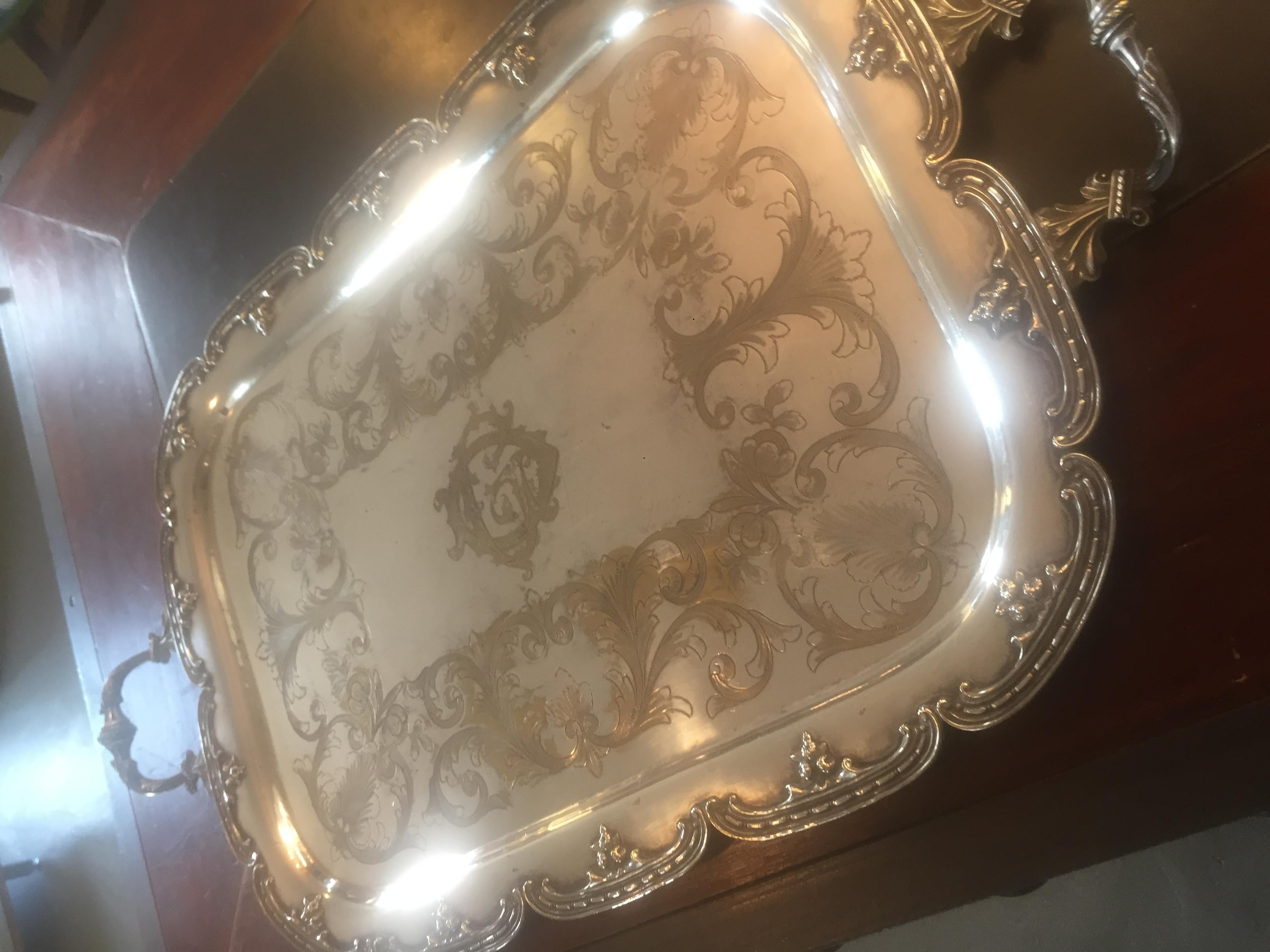 20th century French Louis XV style silver plated monogramed Tray from the 1900s. 
Monogram 