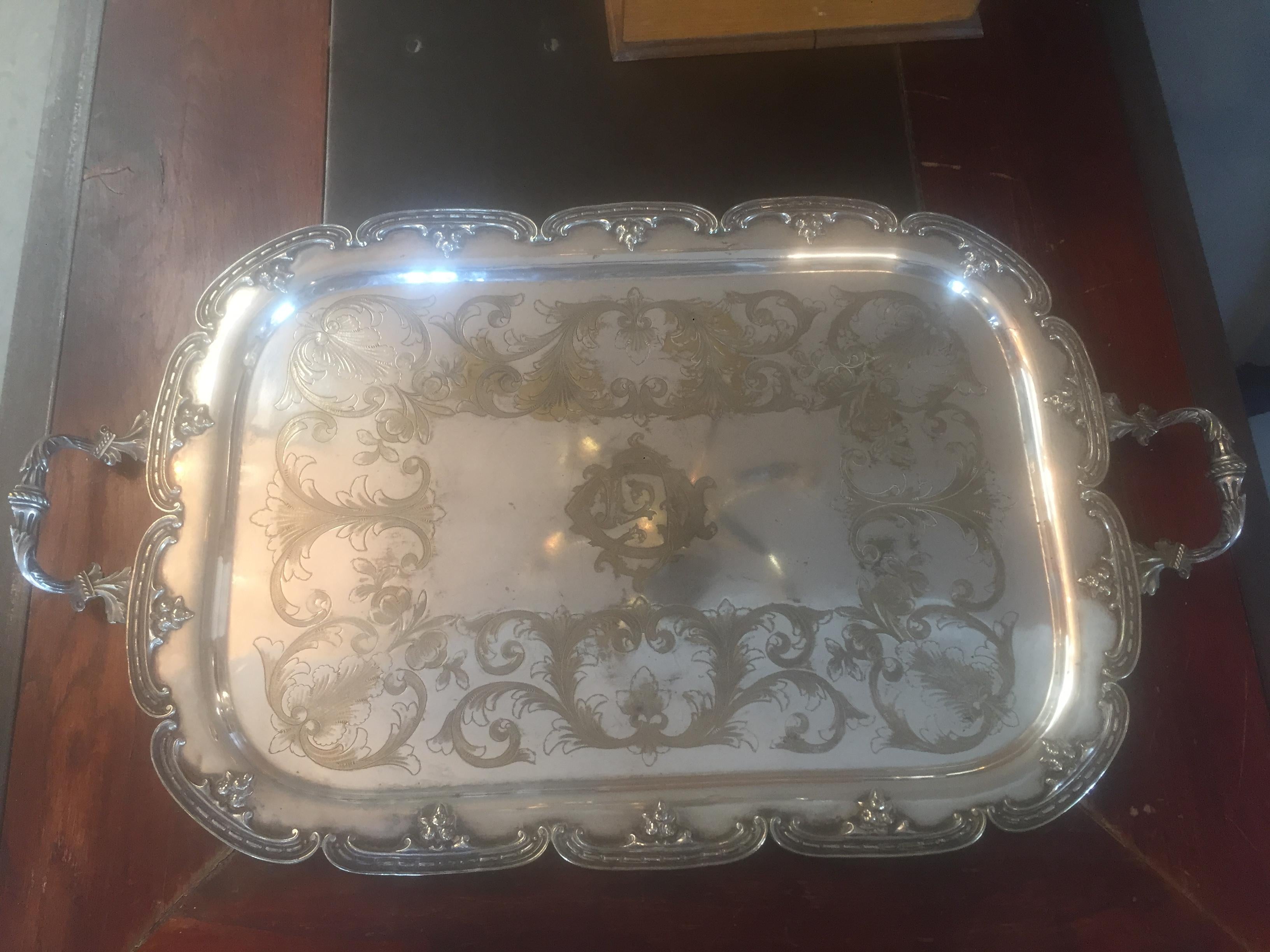 French 20th Century Louis XV Style Silver Plate Monogramed Tray, 1900s For Sale
