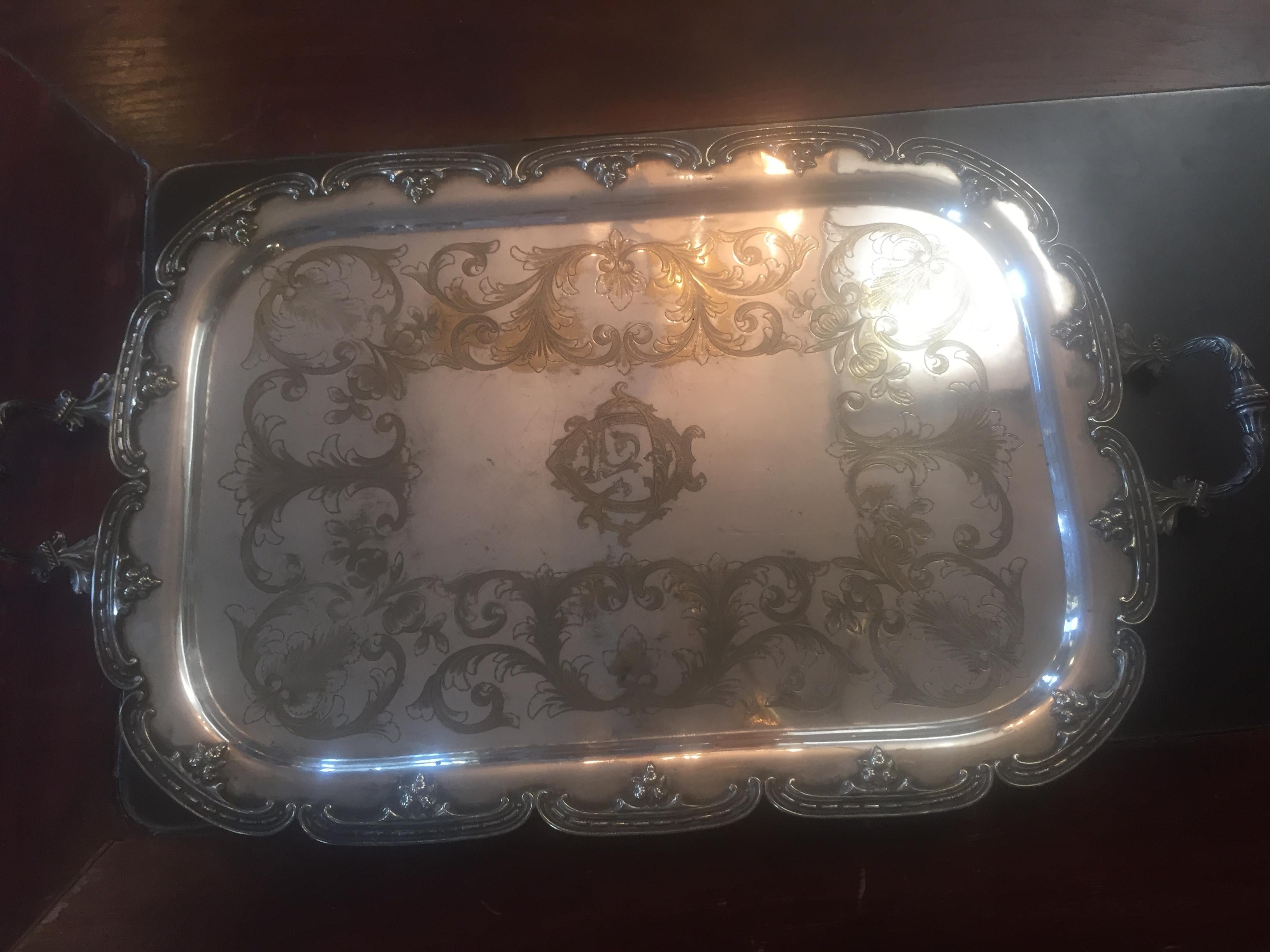 20th Century Louis XV Style Silver Plate Monogramed Tray, 1900s In Fair Condition For Sale In LEGNY, FR